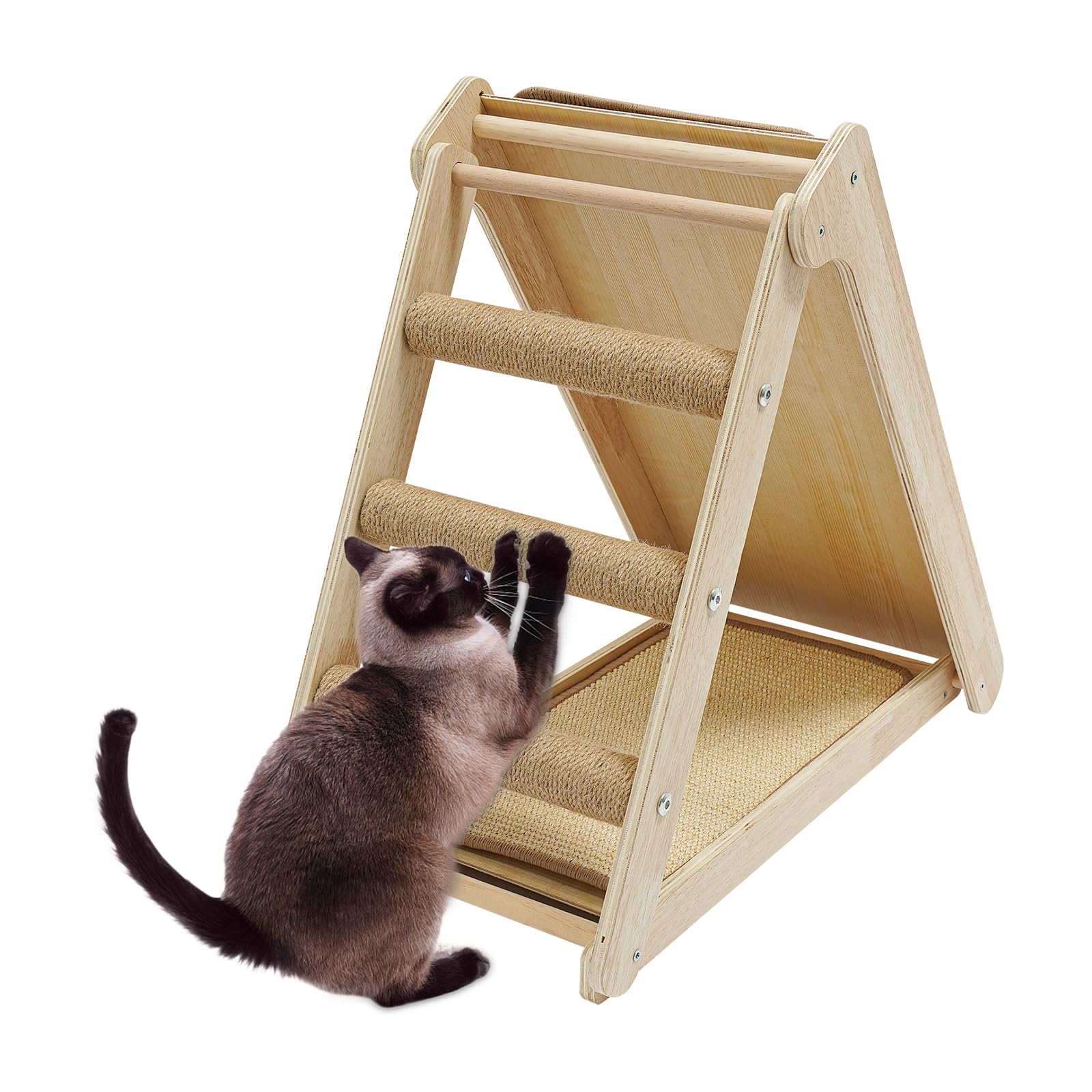 Tabla rascador para gatos de primera calidad, triangular, sisal natural y madera maciza, diseño inclinado para un cuidado saludable de las uñas, arañazos montados en el suelo, tabla rascador