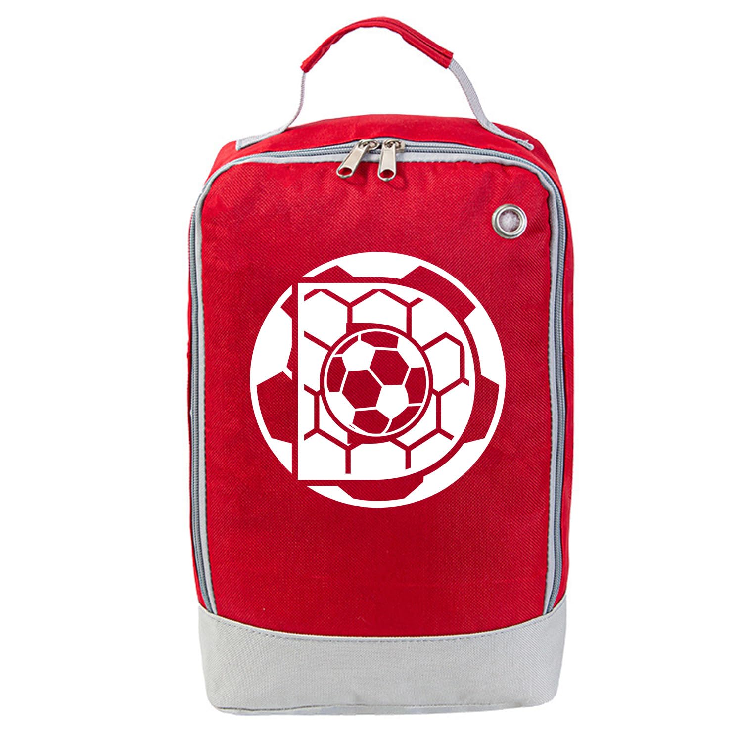 JOUWUI Personalised Football Boot Bag, Waterproof Sports Shoe Storage, Red and Grey Design with Initial, 20x10x32cm, for Boys, Girls, Adults, PE and School (Football Boot Bag, Initial D)