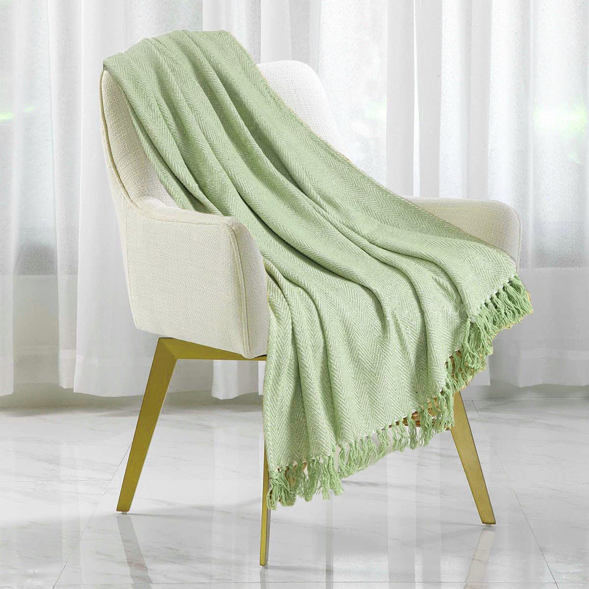 Herringbone Throw for Sofa and Bed, Large 3 Seater Sofa Cover, Single and Double King Size Bed Blanket, Green Throw Super King (254cms x 394cms)