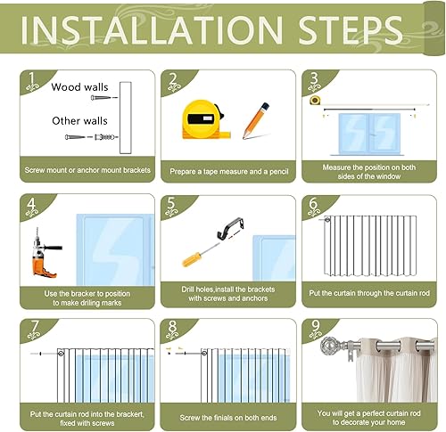 Miniatura 8 de TANGWIN Barras de cortina plateadas para ventanas de 66 a 120 pulgadas (5.5 a 10 pies), barra de cortina ajustable de 1 pulgada, barras de cortina