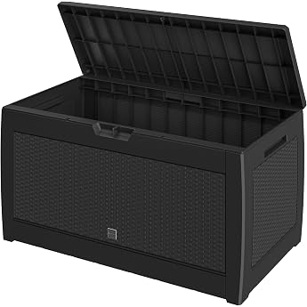 Storage Chest Hinged Lid Handles Wheels Rattan Look Anthracite Garden Box Cushion Box
