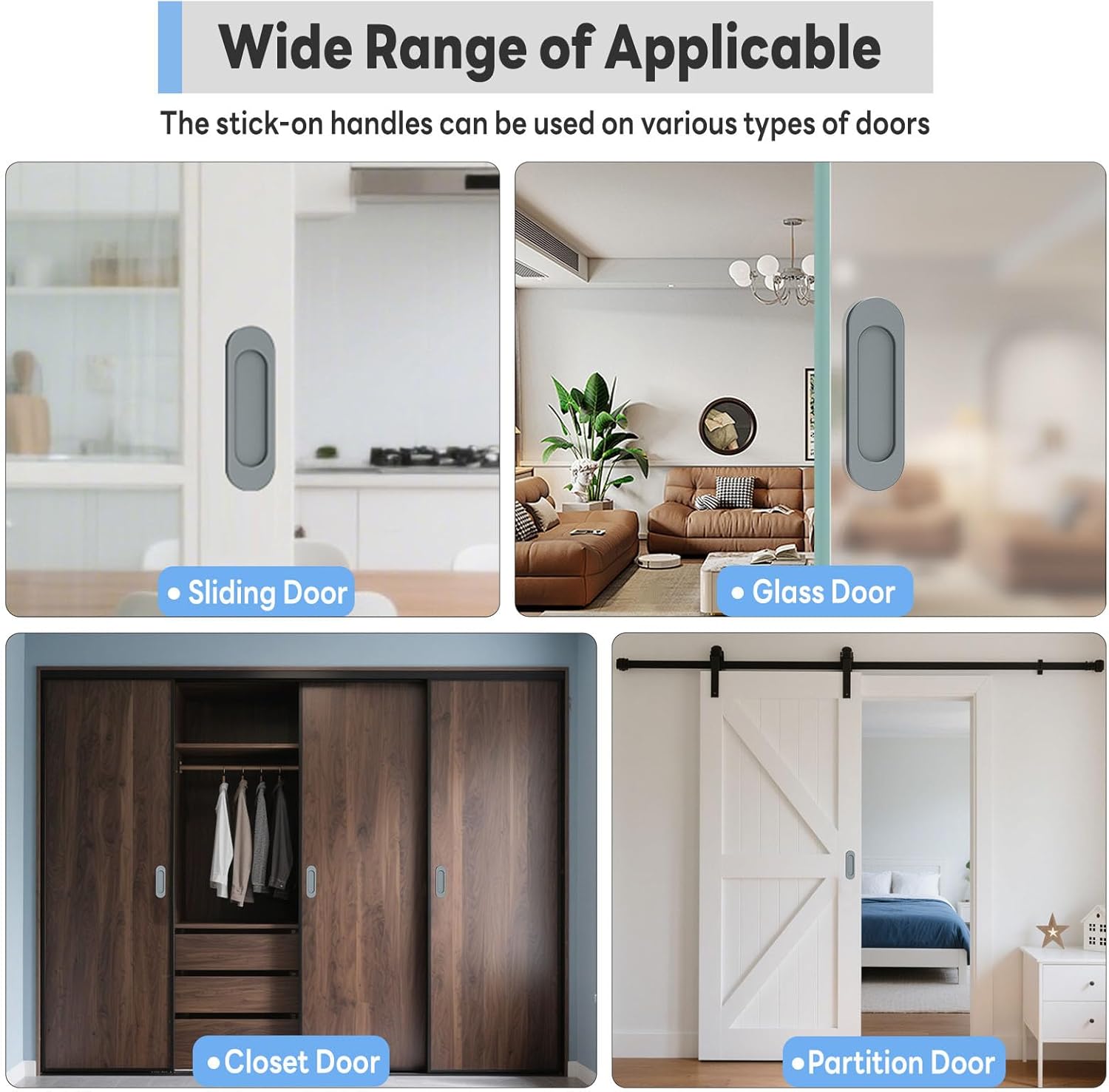 8 Pack Self Stick Sliding Door Handles, Aluminum Alloy 4 Inch Self Adhesive Cabinet Knobs for Push-Pull Glass Barn Doors, Closets, Wardrobes, Windows (8, Grey)