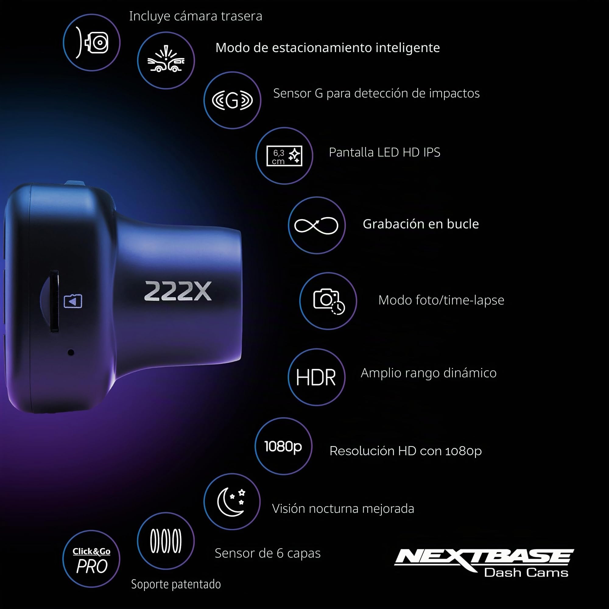 Nextbase Dashcam 222X delantera + trasera | cámara trasera + 32 GB SD | 1080p Full HD | 2,5" pantalla | grabación en bucle | modo aparcamiento | Click&Go | fácil montaje