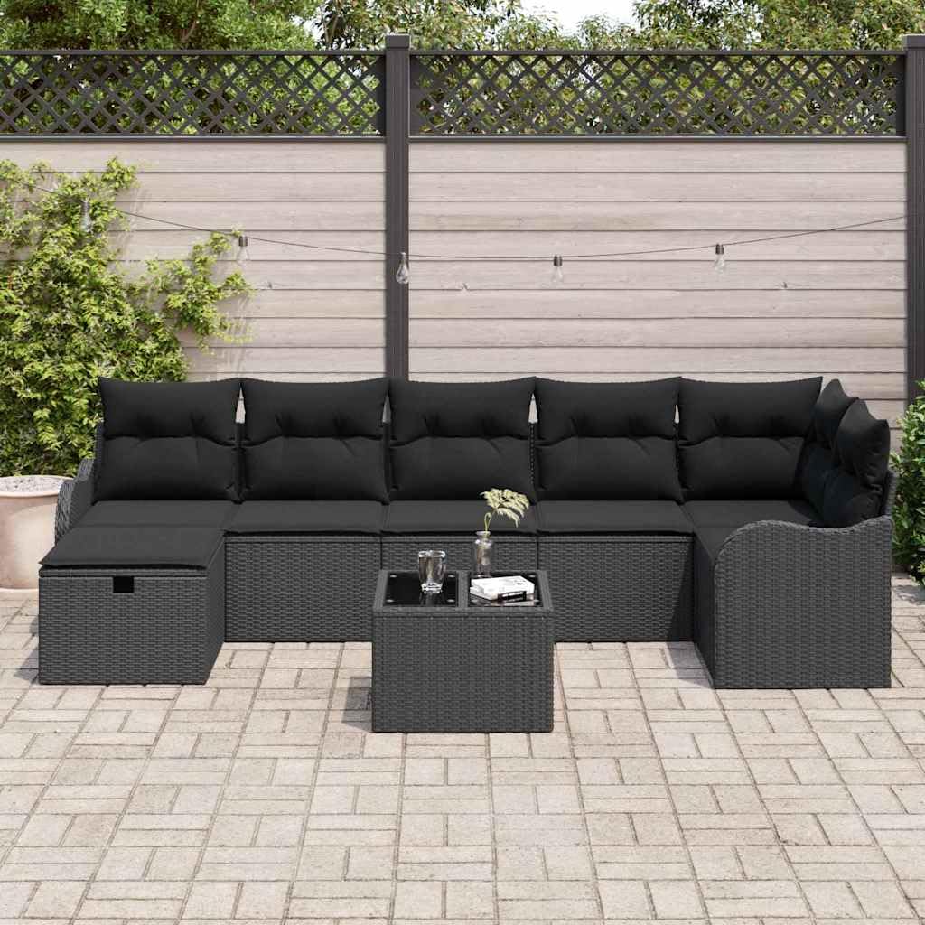 Sofá de jardín modular negro con espacio de almacenamiento, conjunto de asientos de poliratán con cojines de 8 piezas para balcón y terraza