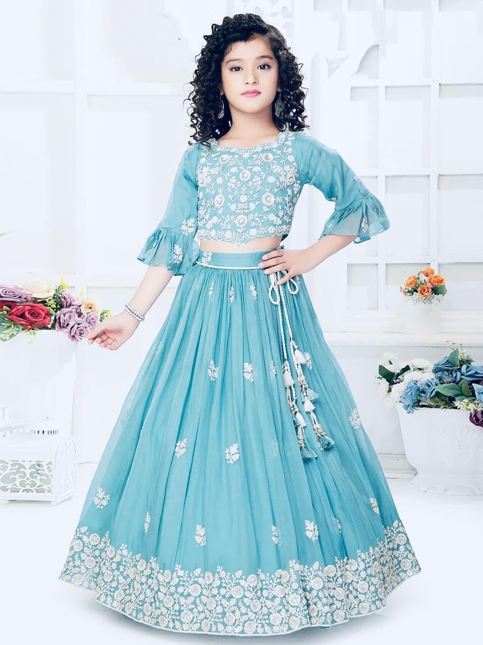 Girls Turquoise Lehenga Choli Set with Bell Sleeves, Floral Embroidered Crop Top and Skirt, Traditional Indian Dress