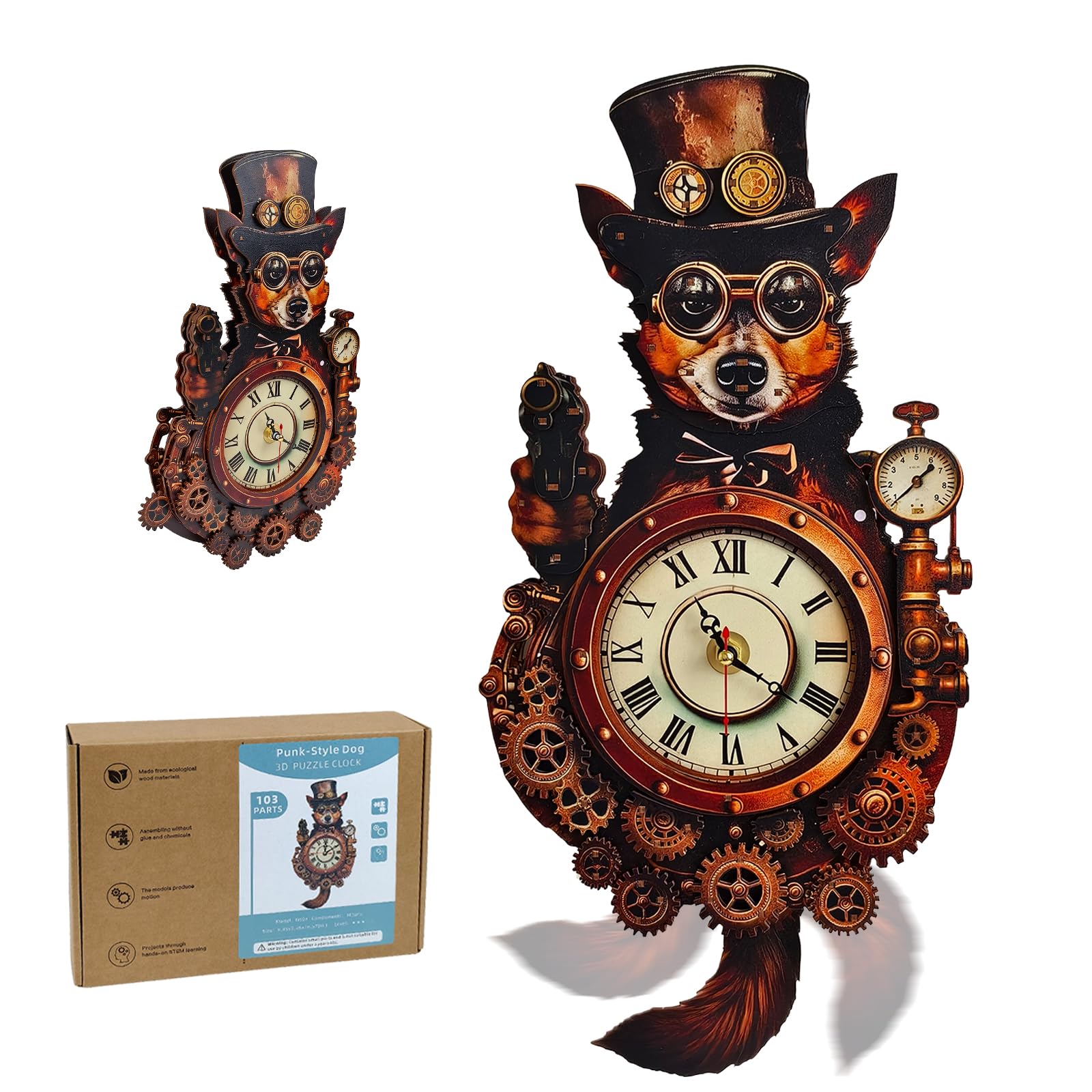 Orologio puzzle 3D in legno, puzzle meccanico 3D per adulti, kit di orologi per adulti (con pendolo), puzzle in legno impegnativi per adulti, regali per donne e uomini (cane punk)