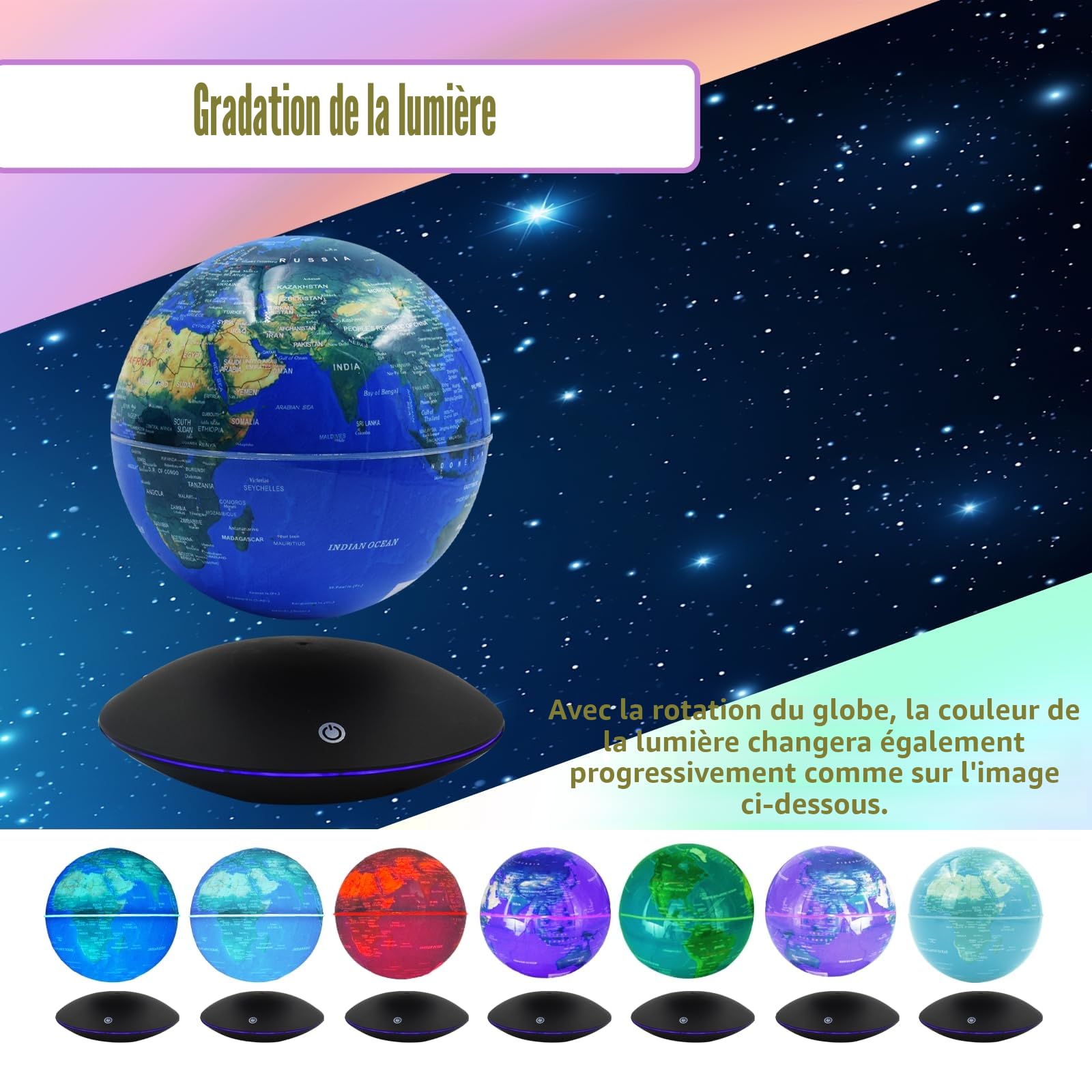 Globe terrestre flottant lumineux avec 7 lumières de couleur, contrôle tactile et dégradé de lumière, champ de lévitation magnétique, carte du monde pour éducation et cadeau, décoration de