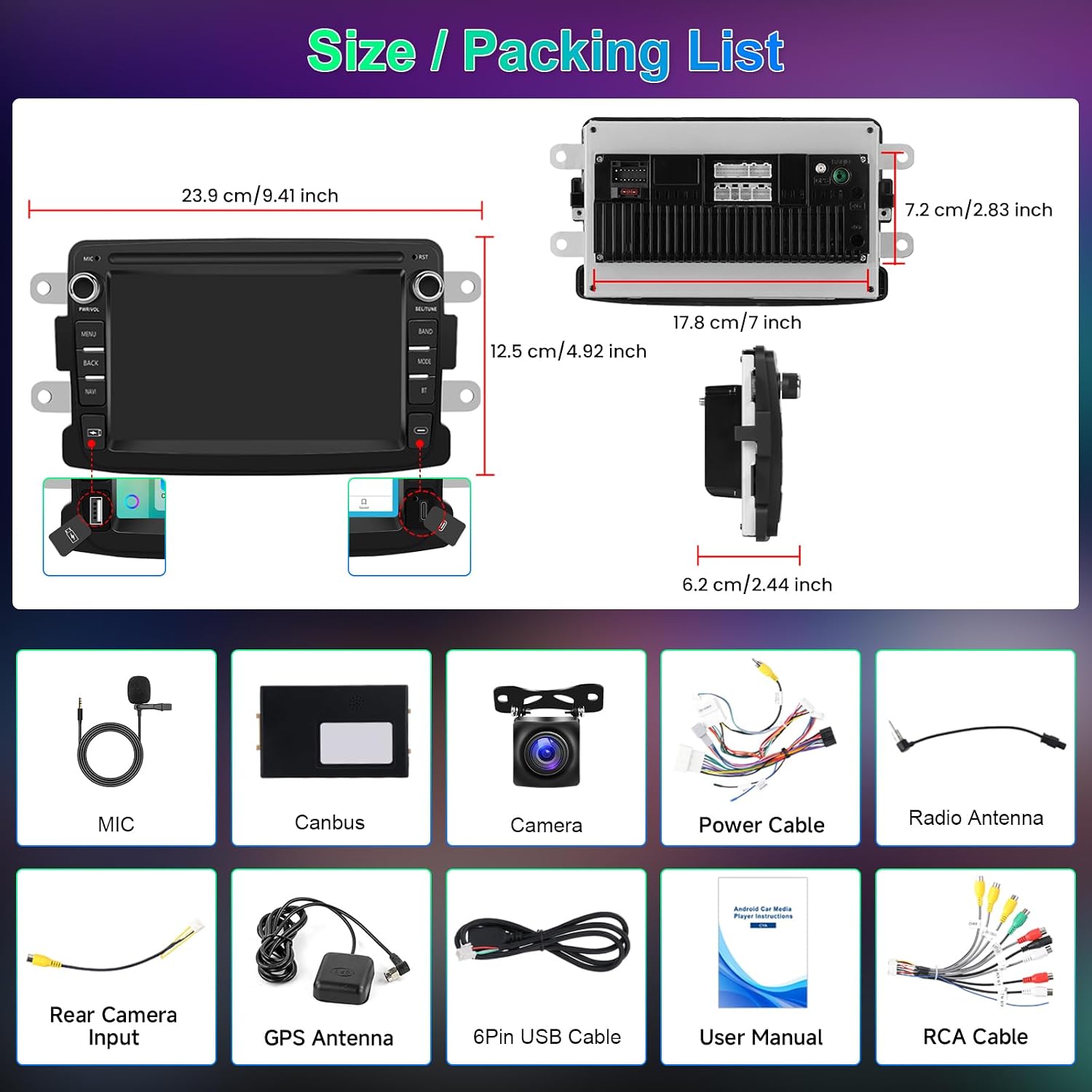 Image showing the Hodozzy Android Car Radio unit dimensions and included accessories