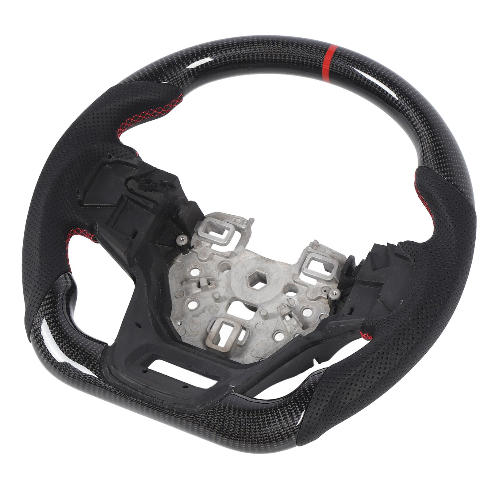 Generic Volante da in Fibra di Carbonio con Fondo Piatto e Pelle Traforata Nera per Auto Sportive Indice Rosso Ore 12