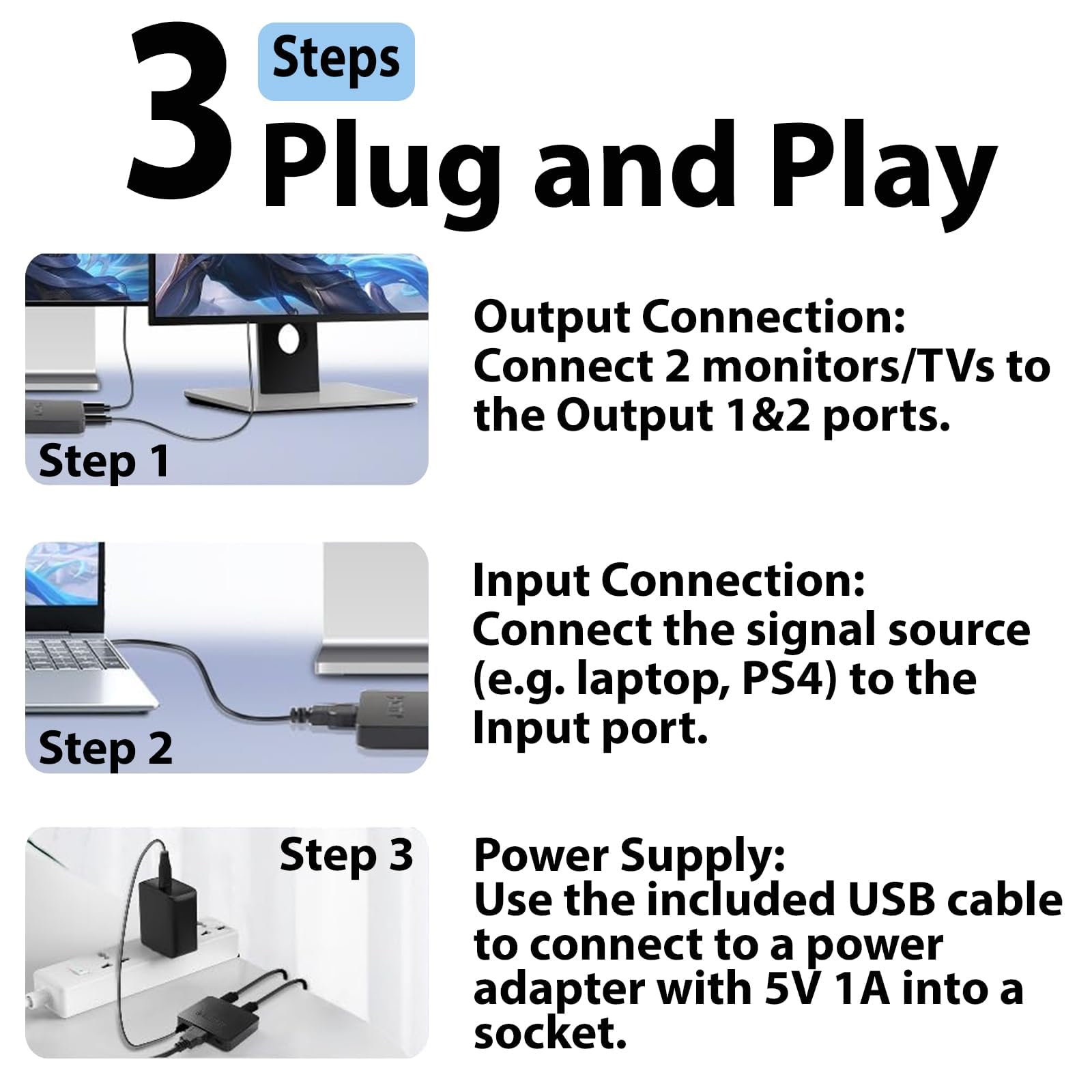 Cyberguys! Splitter HDMI 1 in 2 Out, 4K HDMI Hub 2.0 duplicatore video con cavo di alimentazione USB da 0,8 m e adattatore, supporta 4K @30Hz UHD per TV, monitor, proiettore, PS4, Xbox, Blu-Ray - Solo