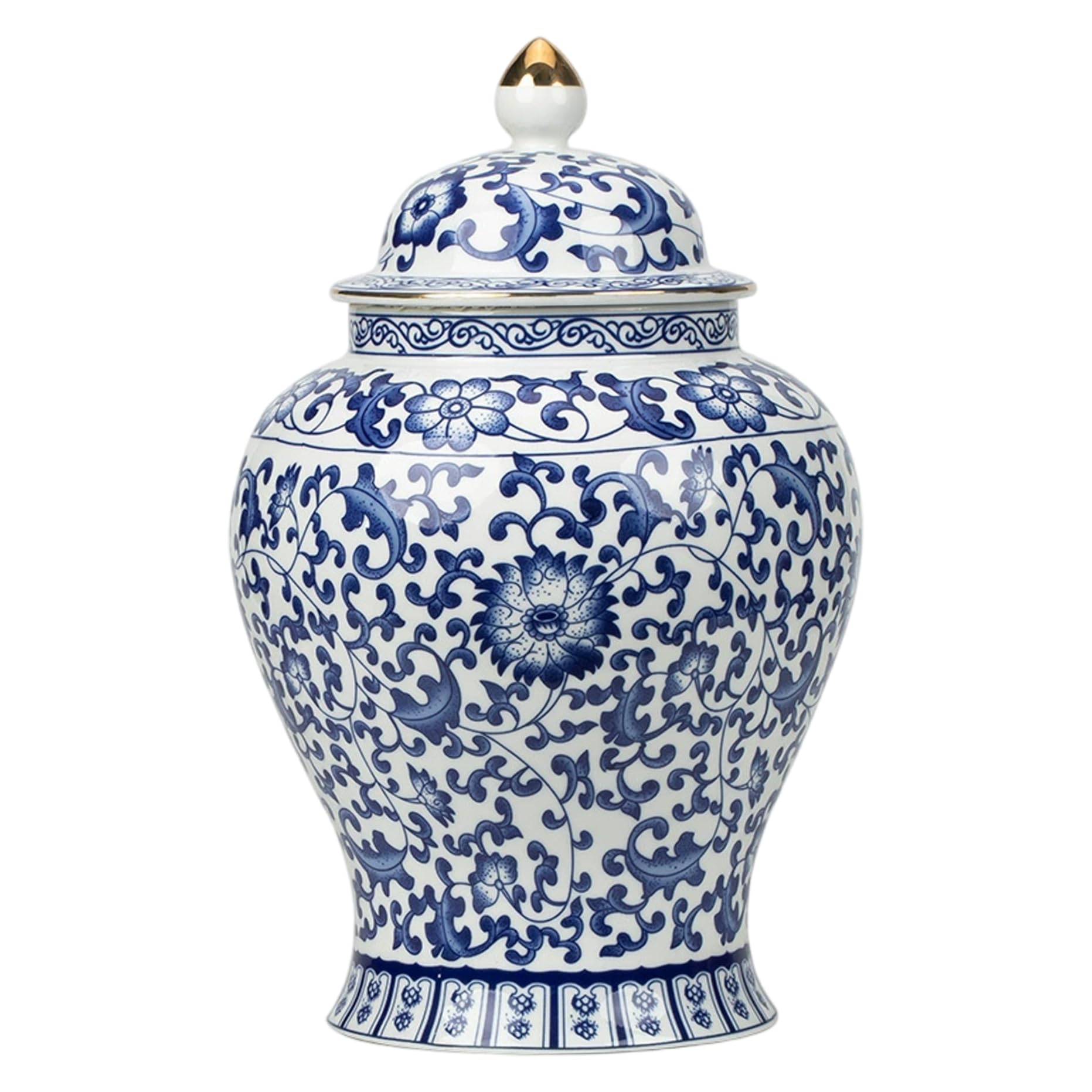 Blue and White Vase, 900ml/30oz Blue White Ginger Jar Lotus Design Ceramic, Decorative Sealing Tea Containers for Loose Tea, Chinoiserie Decor