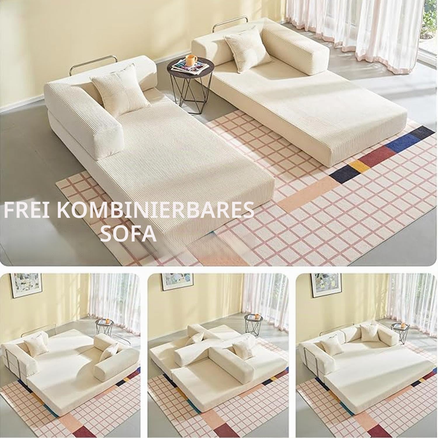 Faltbares Schlafsofa 180cm Breite XXL Bett, Modulares Bodensofa, Cord Wolkensofa mit Metallrahmen, 3 Sitzer Gästebett Klappbar, rutschfest, Waschbar,Off white-180cm-3 Seats