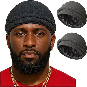 Upgraded Halo Turban Durag for Men &Women, Pre-Tied Skull Cap, Hair Loss Hat Silk-Lined Headwraps, Sleeping Bonnet