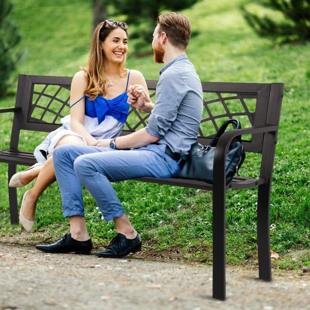 Garden Bench Patio Bench Metal Bench, Outdoor Porch Bench with Armrests Black Park Bench Cast Iron Sturdy Steel Frame Furniture Chair for Park Yard Front Porch Path Lawn Work Entryway, 400lbs : Patio, Lawn & Garden
