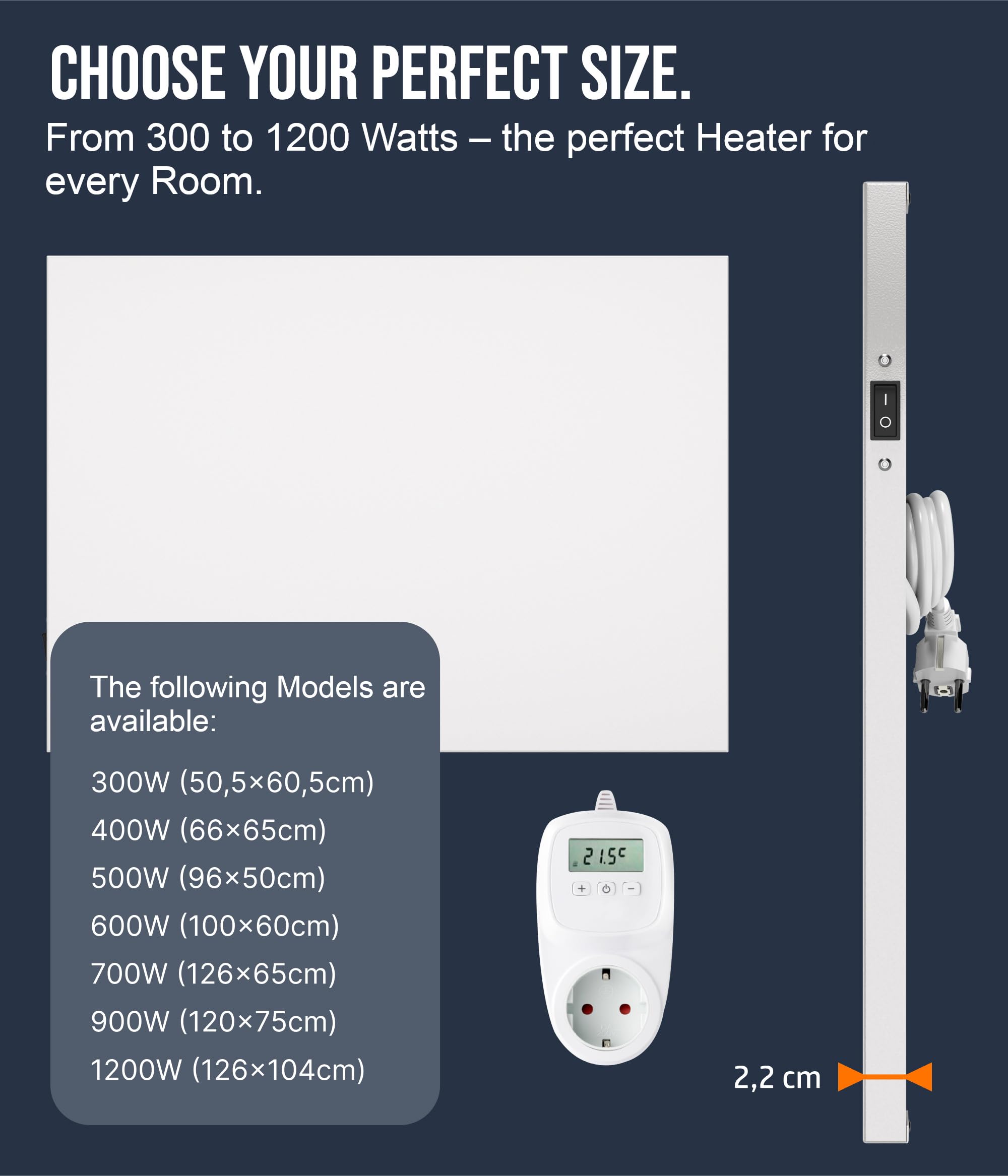 VIESTA Calentador de pared infrarrojo con termostato [Mando + Control WIFI] - Radiador de pared infrarrojo - Panel infrarrojo de cristal de carbono - Modelo TH12 WIFI - 300 Watt)