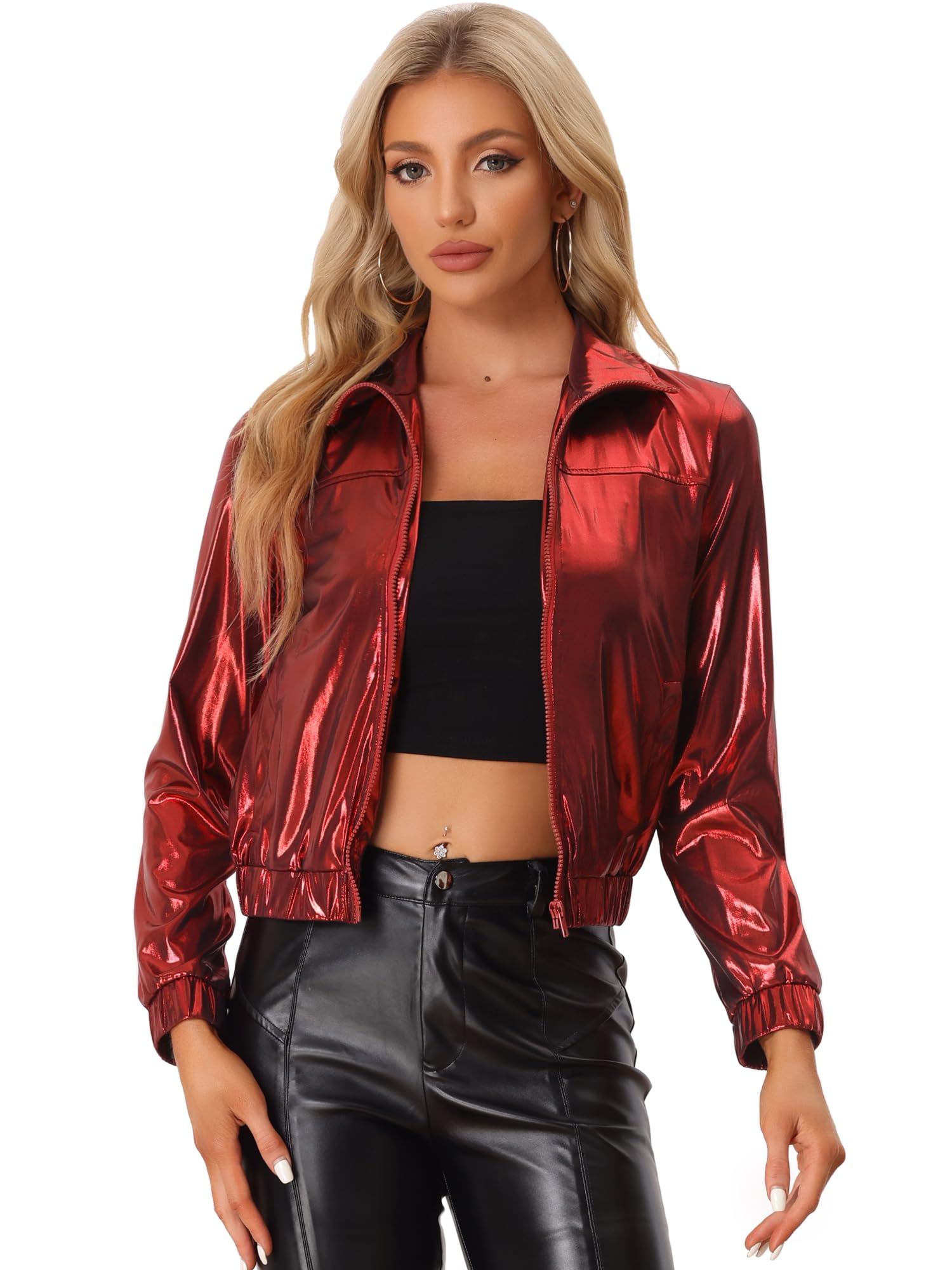Allegra K Women's Metallic Jacket Holographic Shiny Long Sleeve