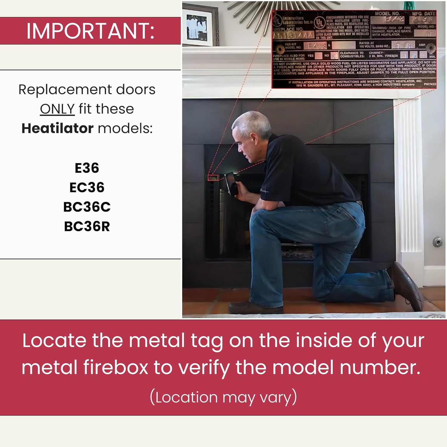 Man verifying fireplace model number on metal tag