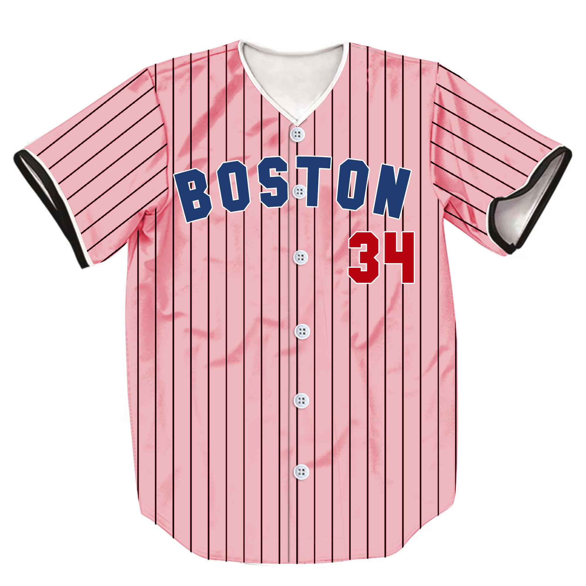 HOPSHION Boston Ortiz 34 Stripes Baseball Jersey Short Sleeve Button Shirts for Fans HF001-Pink-M