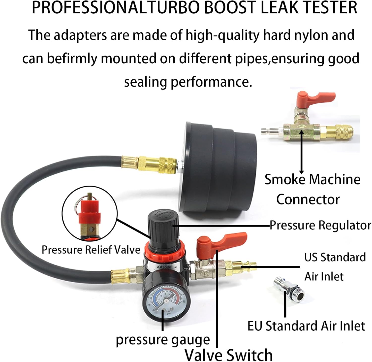 Turbo System Leakage Tester Kit, Turbo Pressure Leakage Tester for Cooling Emissions Exhaust Pipes, 19-Piece Turbo Boost Leak Tester Set with Stepped Adapters 1-1/4” to 4-1/4''