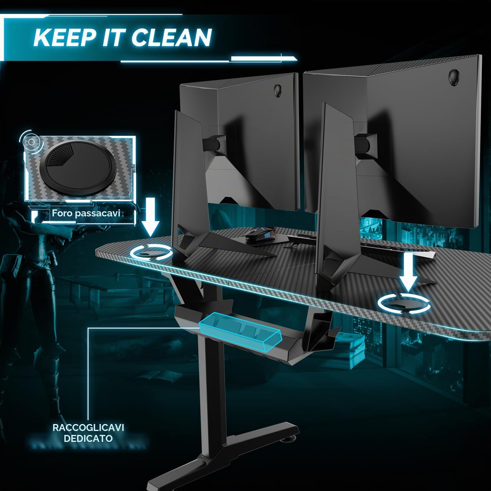 Himimi Scrivania Gaming 160x75 cm Scrivania Gamer Ergonomica con Tappetino per Mouse Integrato, Rivestimento in Fibra di Carbonio, Portabicchieri, Gancio per Cuffie, Telaio a T Robusto
