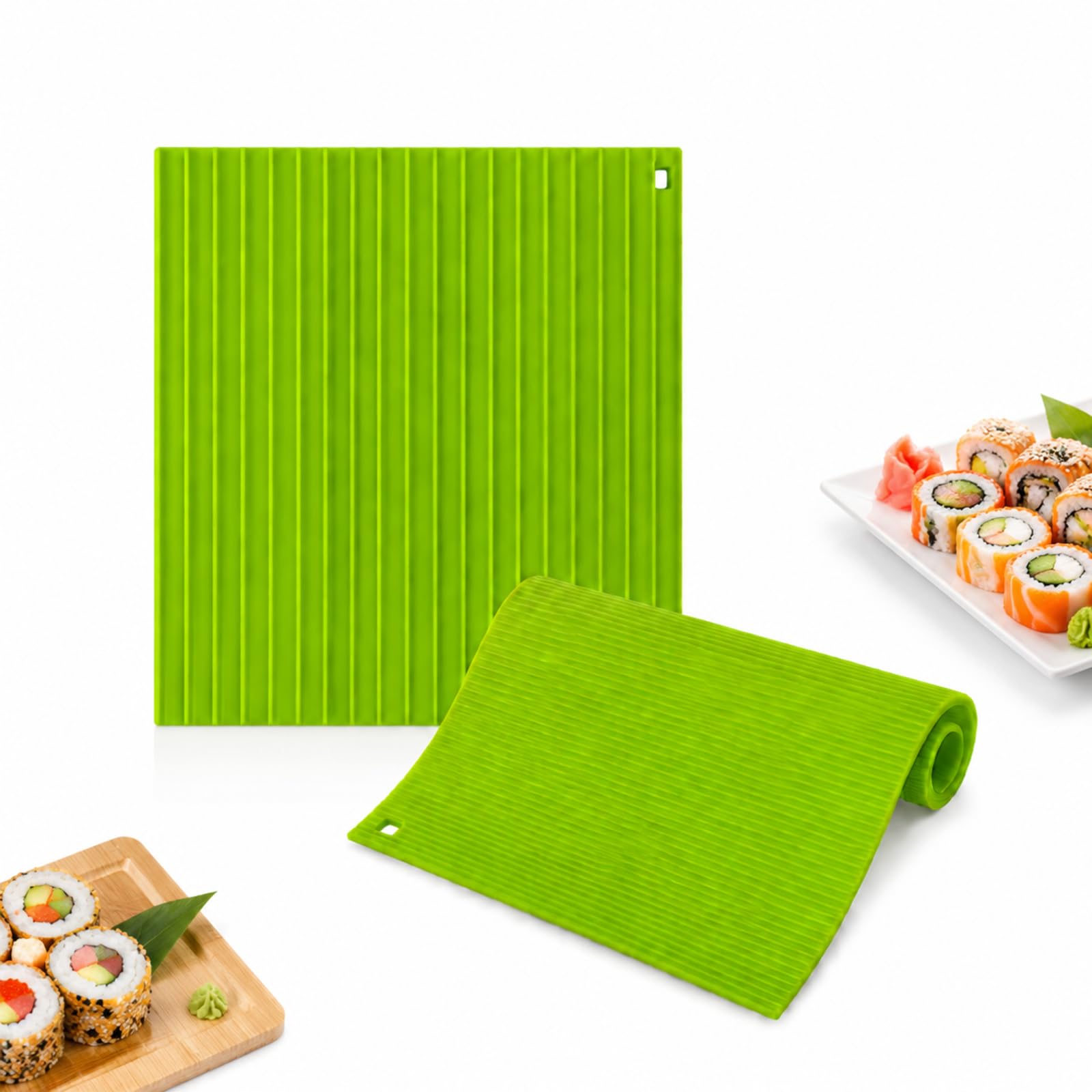 PAXQNVTR 2PCs Silicone Sushi Mat, Non-Stick Sushi Rolling Mat, Easy Clean Reusable Sushi Making Tool with Hanging Hole for Beginners, DIY Sushi at Home and Family Cooking