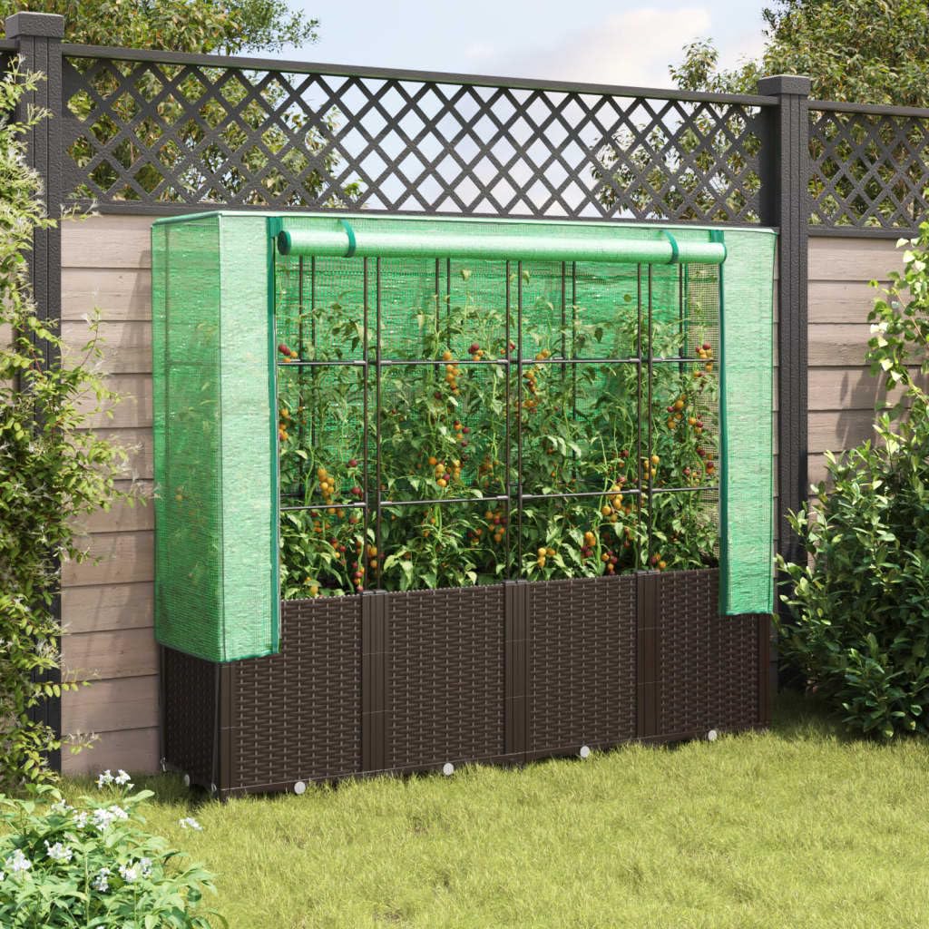 Jardinera con accesorio de invernadero en aspecto de ratán marrón, 160 x 40 x 153 cm, marco de tubo de hierro estable, cubierta de polietileno impermeable, ideal para jardín, balcón, jardinera y