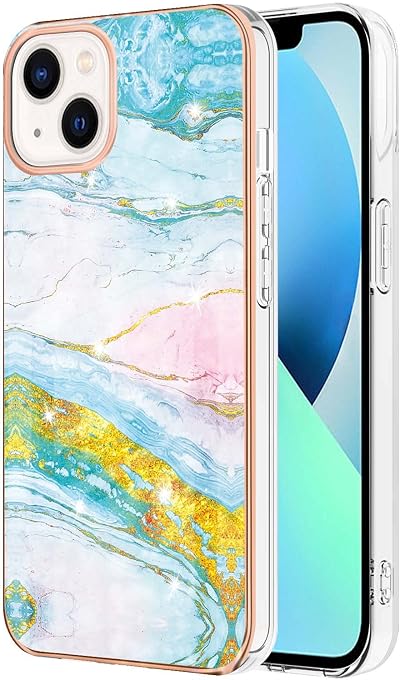 Marble Grain Shockproof Case for iPhone 15, IMD Bluegreen