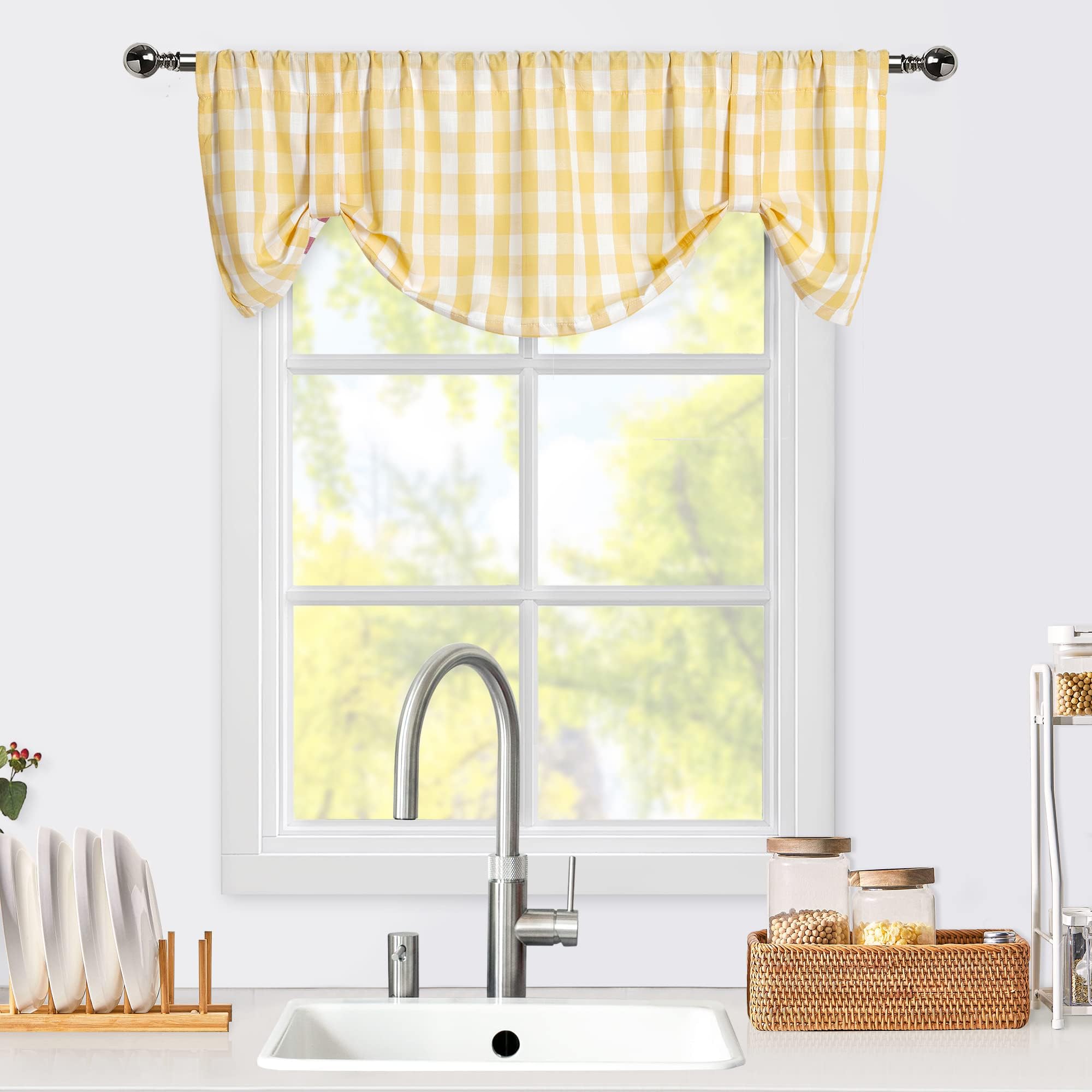 Aiking Home Window Valances 2Panels Picnic Checkered Pattern Kitchen Valances