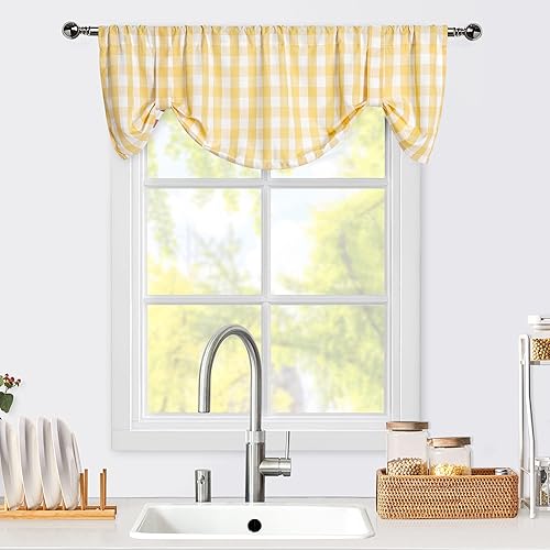 ZJDECOR Cortina de cuadros amarillos con cenefa de cuadros para cafetería, cocina, cortinas de ventana ajustables a cuadros para baño, sala de