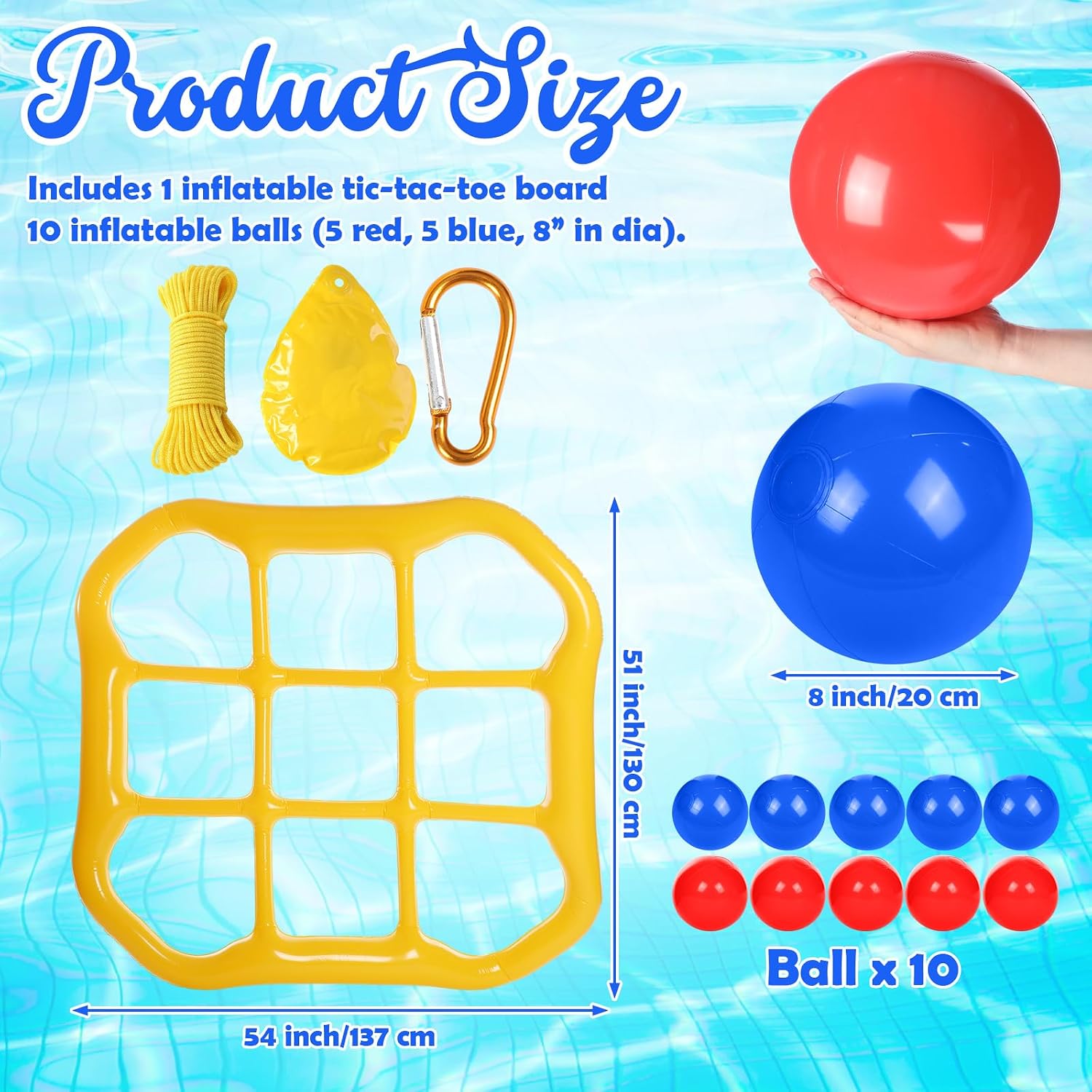 Pool Tic-tac-toe Set Includes Giant Inflatable Tic-tac-toe Floating with 10 Balls 2 Rope 4 Lock 2Sandbags for Adults Swimming Activities 2-10 Players Outdoor Pool Party Decoration Supplies image 2