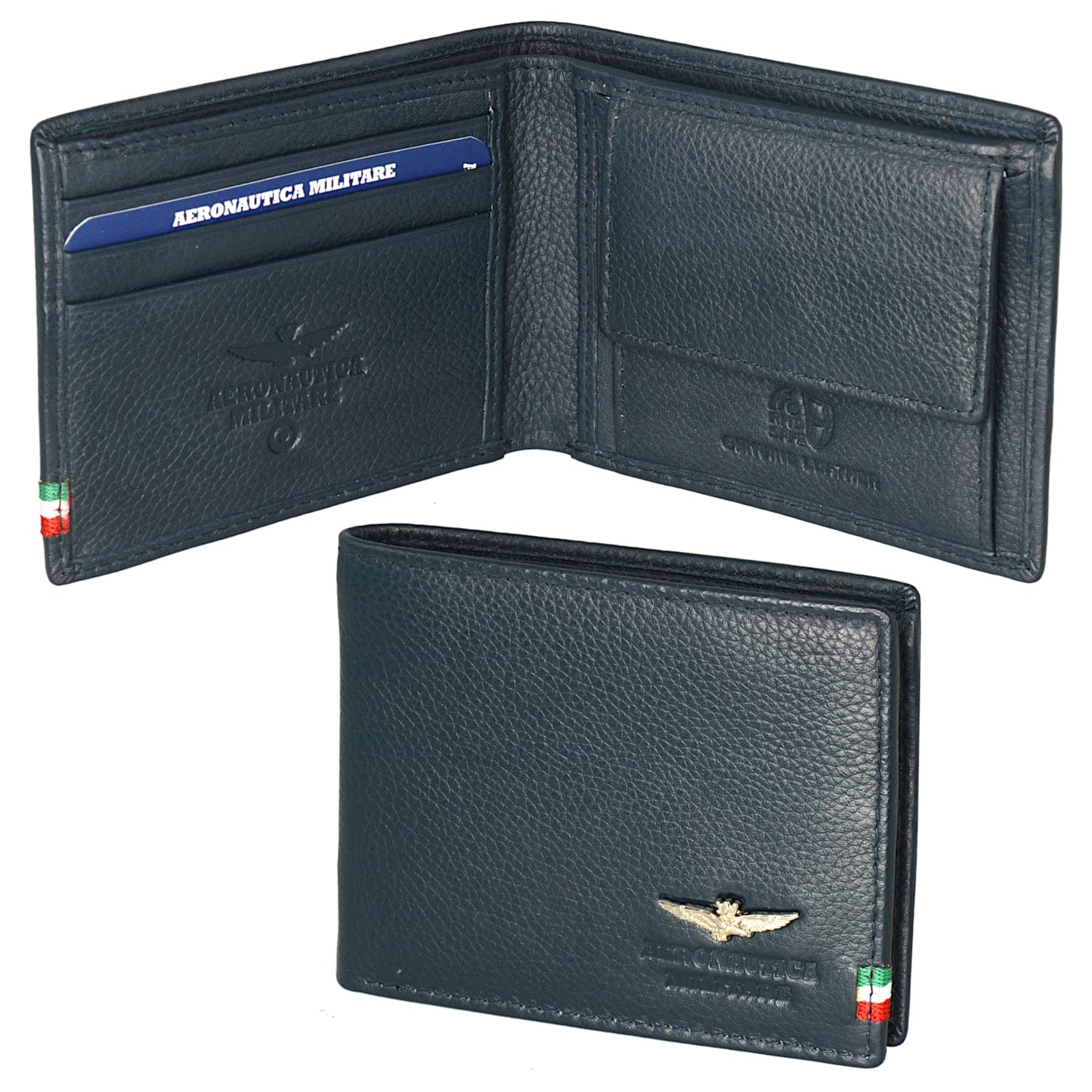 Aeronautica Militare Portafoglio Uomo in Vera Pelle - art. AM-101 Blu con portamonete - cm. 10,5x8,5x1,5