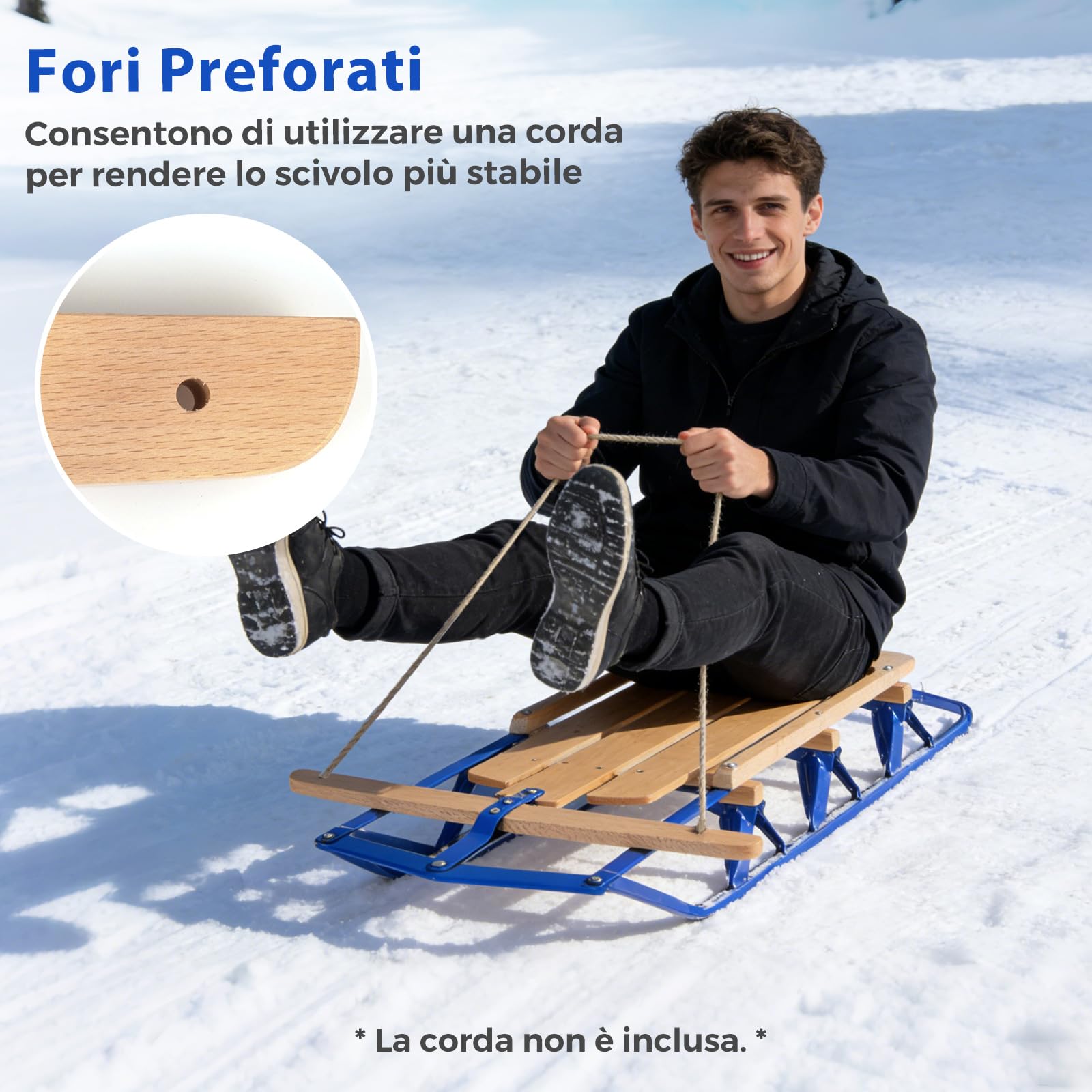 COSTWAY Slittino da Neve, Slittino per Bambini e Adulti con Barra di Direzione, Fori Preforati e Maniglie, Slitta da Neve in Legno e Metallo Vernicato, Carico Massimo 150 kg