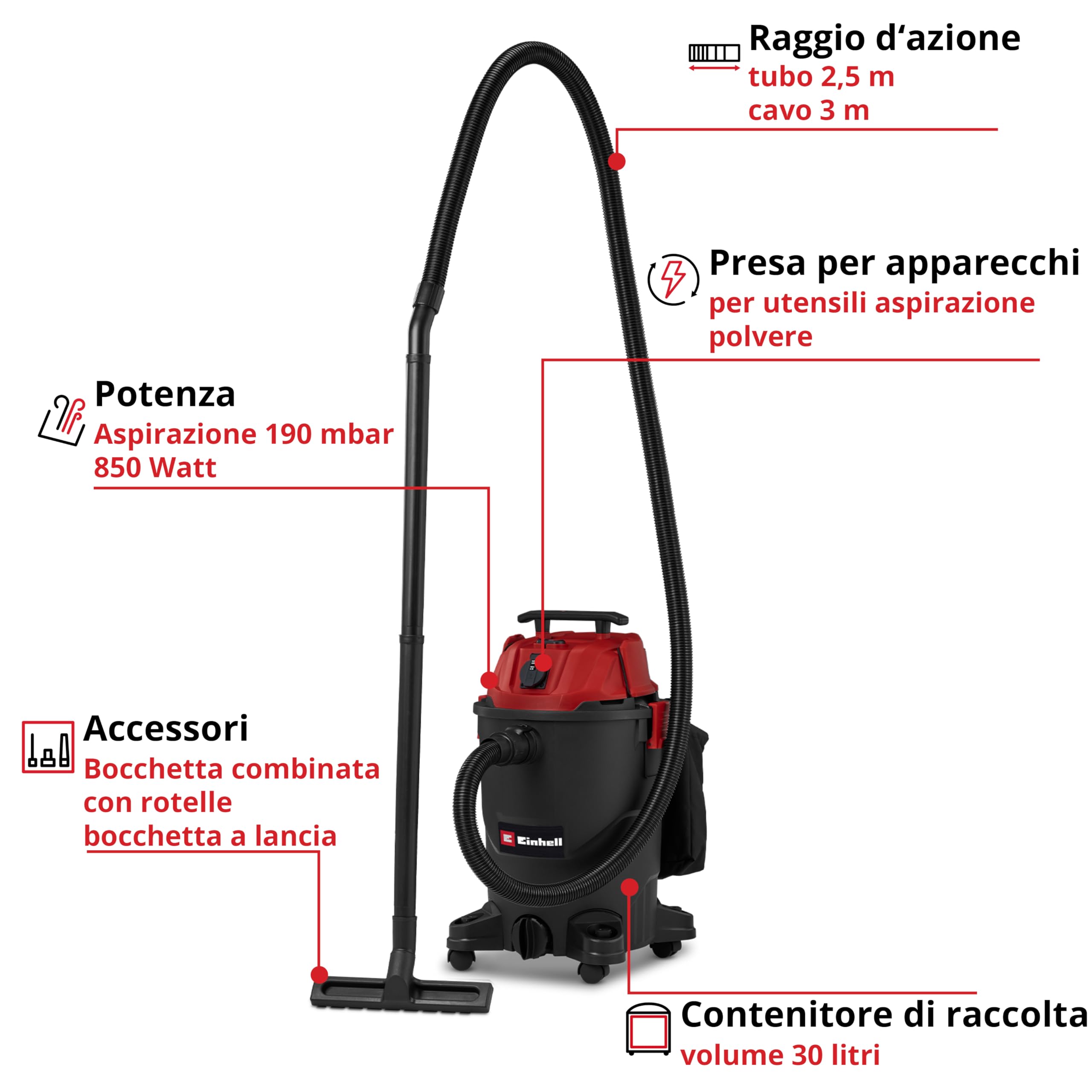 Aspiratore a secco e umido Einhell TC-VC 3055 A (850 Watt, aspirazione 190 mbar, presa automatica, serbatoio di raccolta da 30 litri, maniglia di trasporto, bocchette, filtri e sacco raccogli-sporco) | 850 W, 190 mbar, presa automatica, contenitore di rac