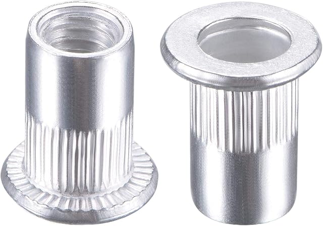 sourcing map M6 Rivet Nuts Aluminium Alloy Knurled Flat Head Threaded Insert Nut Silver 50pcs