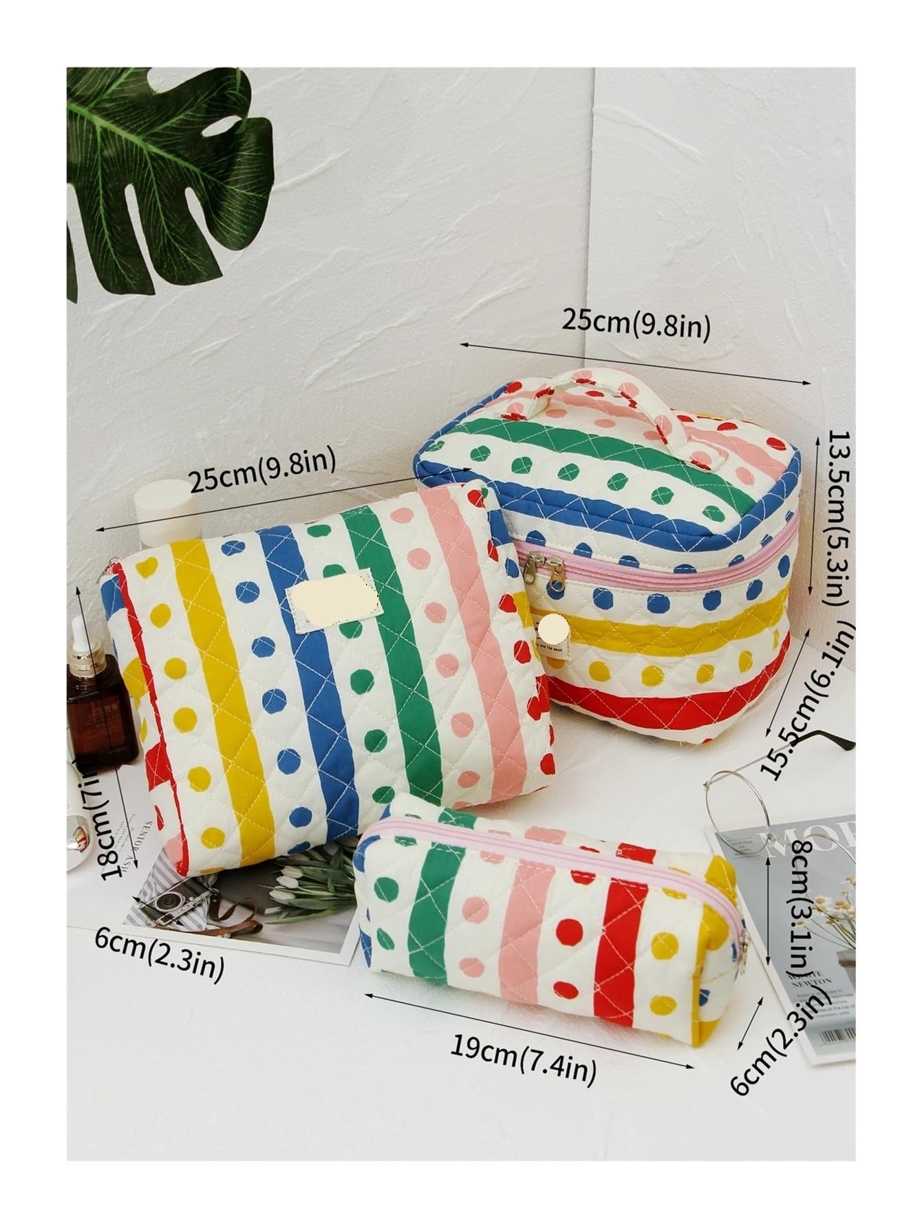 Kosmetiktasche 3 Teile/Satz Bunte Stepp Make-Up Tasche Set Floral Make-Up Tasche Reißverschluss Ästhetische Kulturbeutel Reise Kosmetik Tasche