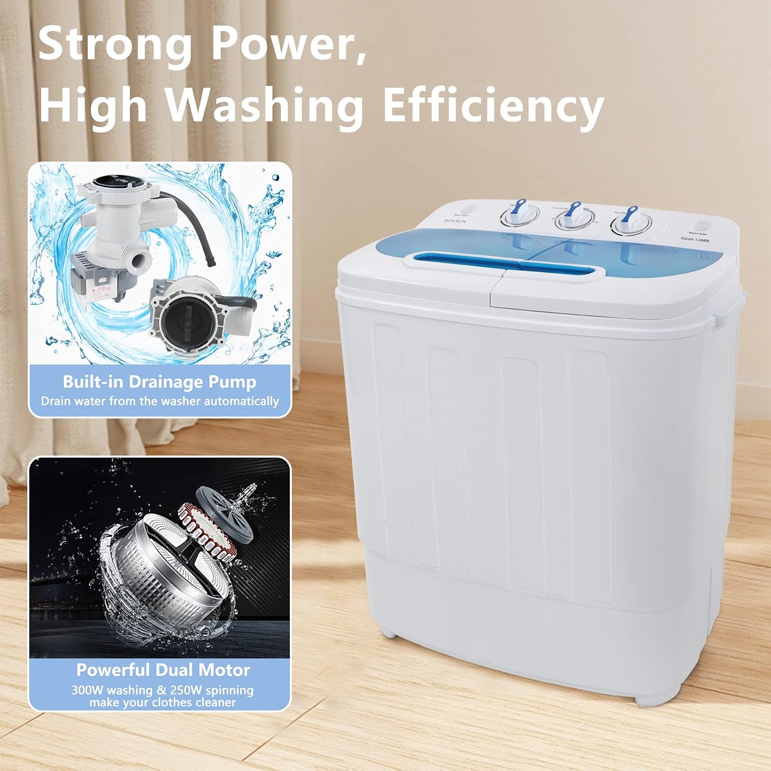 ROVSUN 15LBS Portable Washing Machine with Draining Pump, Electric Mini Washer with Built-in Drainining Pump, Great for Home RV Camping Mini Dorms Apartments College