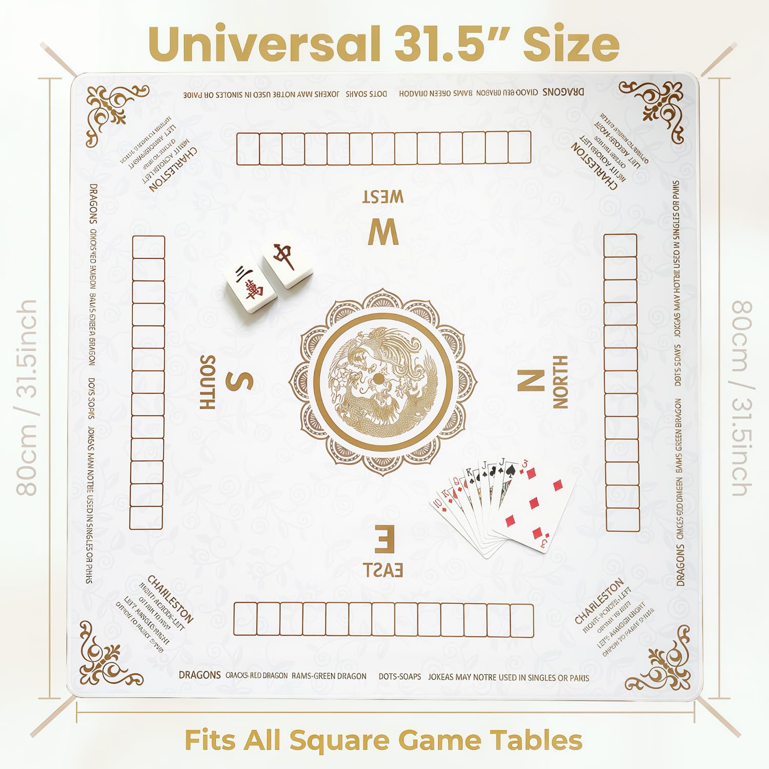 Tappetino Mahjong, 80 x 80 cm, antiscivolo, con regole, riduzione del rumore da 3 mm, tappetino mahjong per tavolo, accessori mahjong portatili e durevoli, per serate di gioco in famiglia