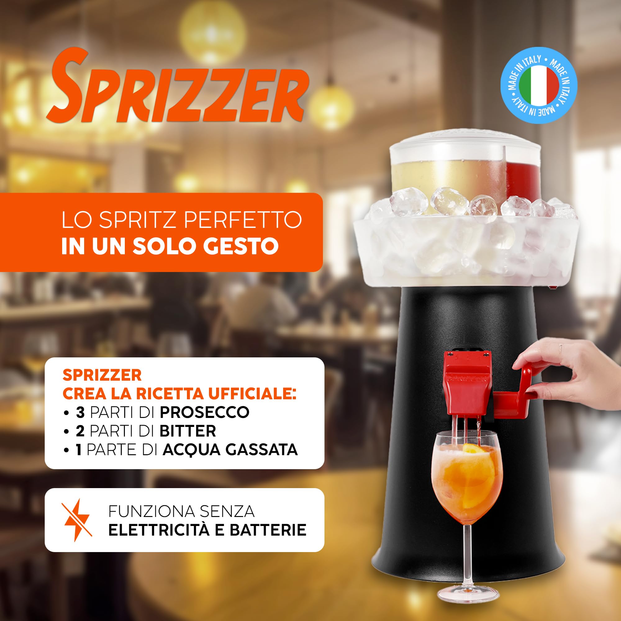 Sprizzer - Sprizzer Machine per lo Spritz, Dispenser con Miscelatore per Aperitivo e Aperol Spritz, Contenitore per Ghiaccio, 3L, Erogatore Manuale senza Elettricità o Batterie, Nero, Made in Italy