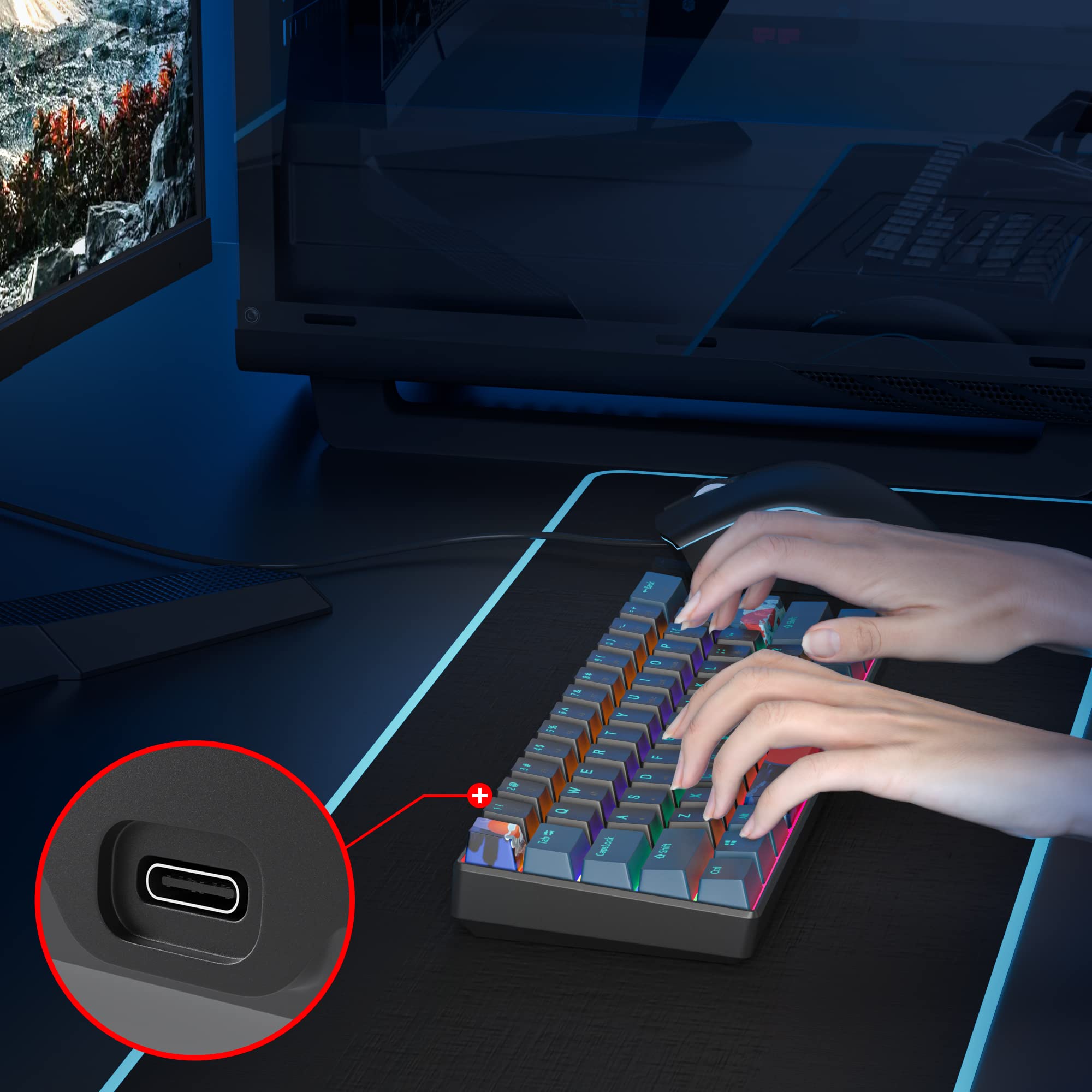 Protable 60% mieszana, lekka tęczowa klawiatura do gier, mechaniczna, mini kompaktowa, 61 klawiszy, przewodowa klawiatura biurowa z czerwonym przełącznikiem, do Mac/Win/PS4/PS5/Xbox (Monstor