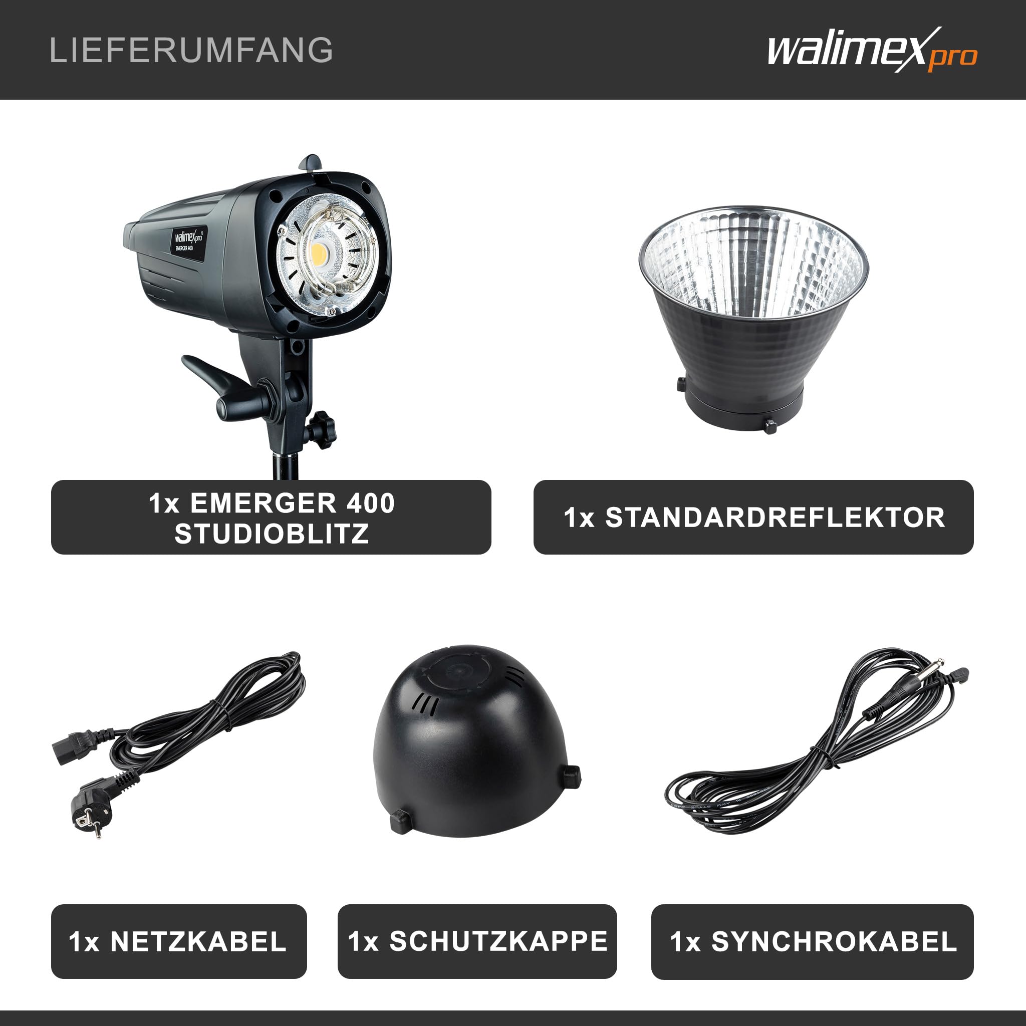 Walimex pro Emerger 400 Studioblitz mit 400 Ws Blitzleistung, Blitzgerät mit 2,4 GHz Funk, Fotoblitz mit kurzer Wiederaufladezeit, Blitzleuchte mit dimmbarem LED-Einstelllicht