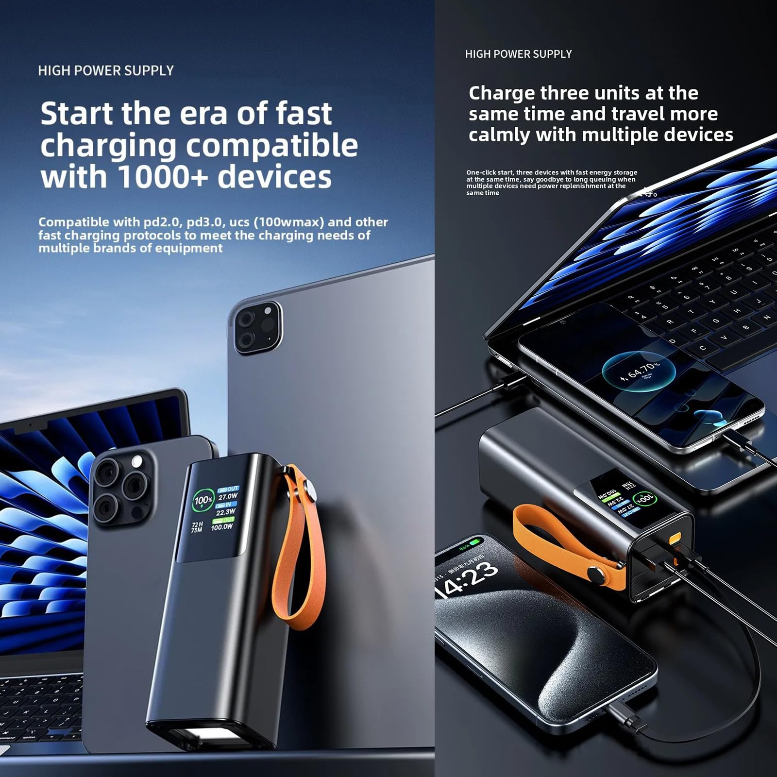 Fast PD100W Grande Capacité 20000mAh Power Backup avec Lumière LED Lumineuse pour Téléphones et Ordinateurs Portables Randonnée Camping Voyage Utilisation Chargeur Portable Résistant à l'eau