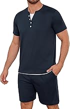 Men's Pyjamas Summer Short Summer Suit Lightweight Cotton 2 Pieces Pajamas with Buttons Round Neck Short Sleeve T-Shirt and Shorts Solid Color