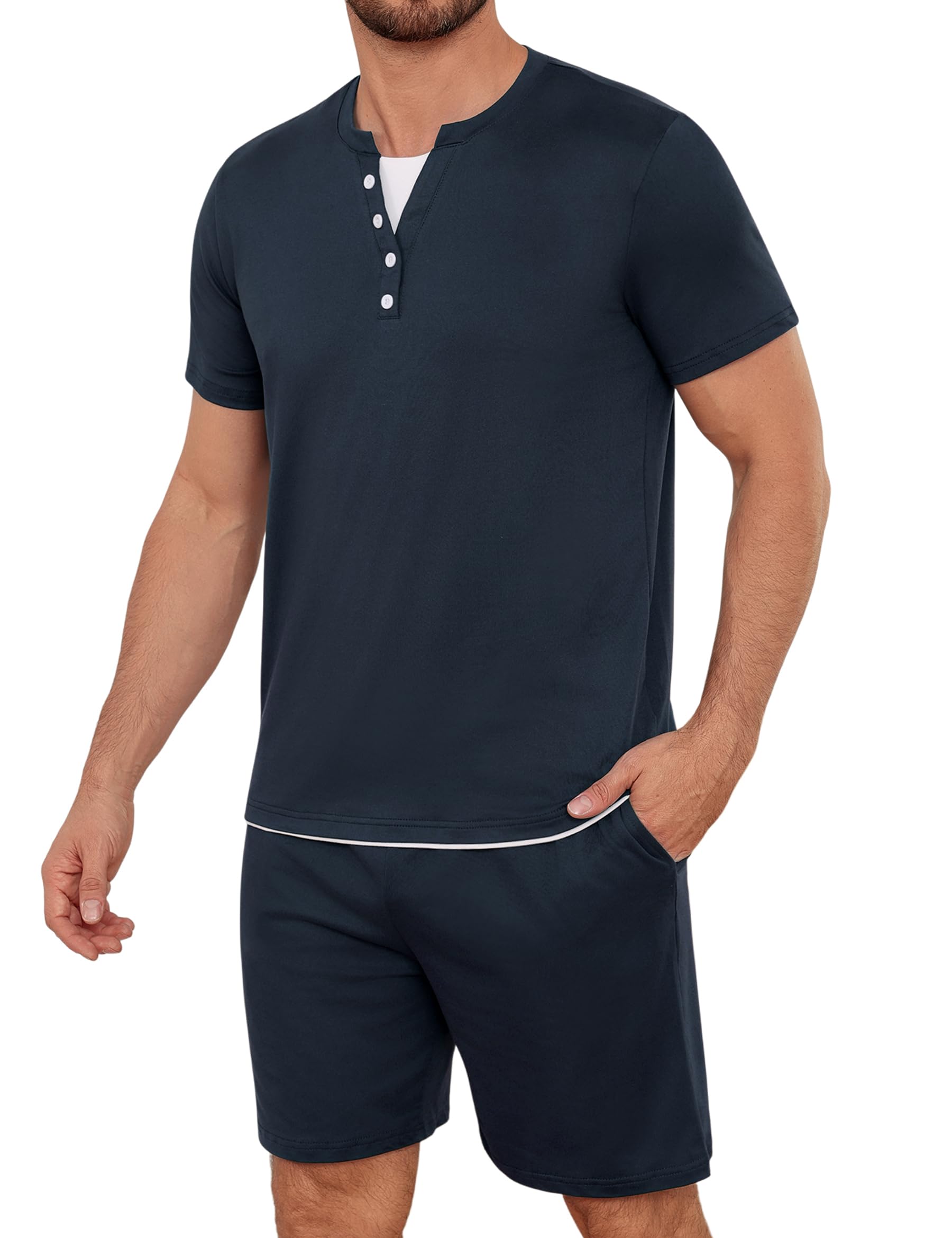 Jahetuul Schlafanzug Herren kurz Karomuster Schlafhose Männer Pyjama Sommer Henleykragen Schlafanzüge für Herren Pyjamashort Nachtwäsche Zweiteiler