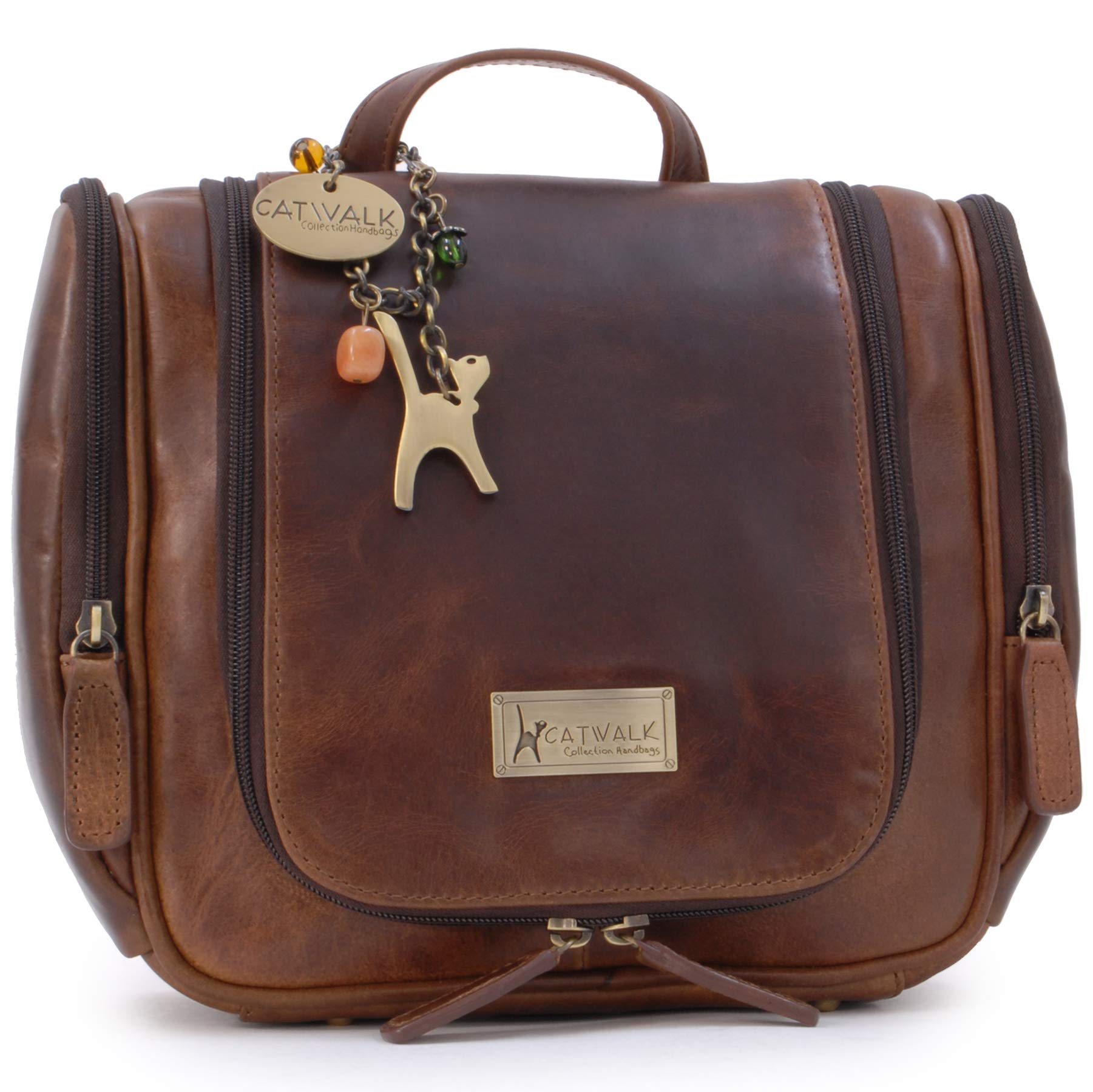 Catwalk Collection Handbags - Grande Borsa da Toilette Donna in Pelle - Beauty Case da Viaggio - Wash Bag con Gancio - Maisie - Marrone