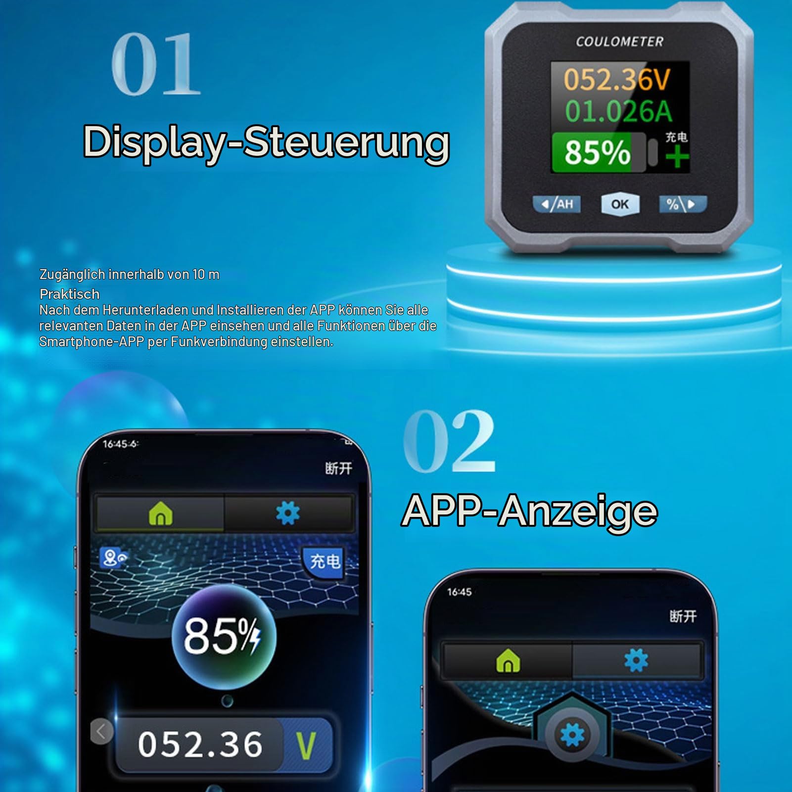 Batteriemonitor mit Shunt, 1,8-Zoll-LCD-Display, Bluetooth-Voltmeter, Amperemeter, Spannungsstrommesser für 10–100 V, 50 A Säure, Lifepo4 und Lithiumbatterie, Wohnmobil, Motorrad