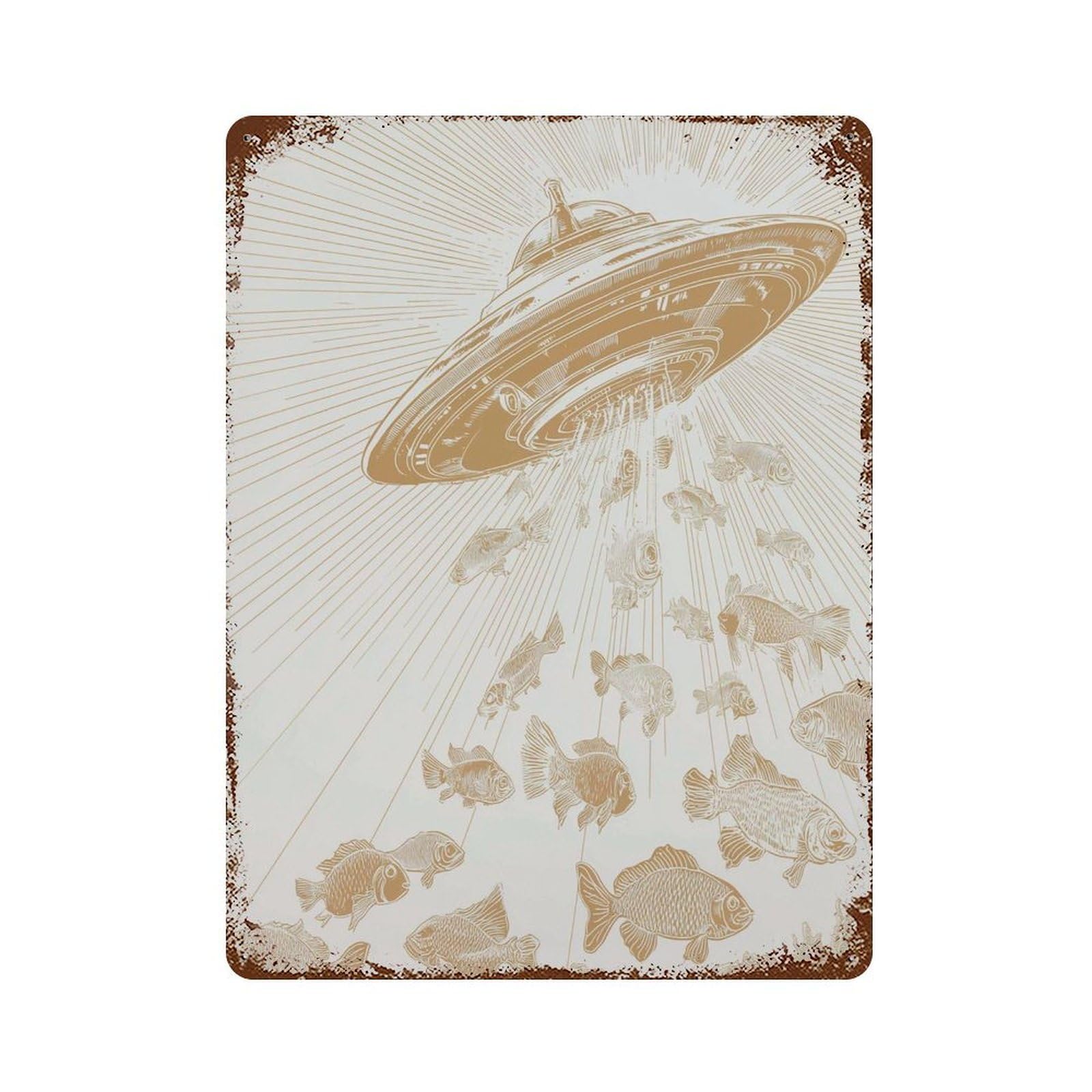 xiaoxiaoshen Fish Abduction UFO – Surreal Gold Line Whimsical Alien & Ocean Scene Unique Wall Decor Art Metal Tin Poster Modern Home Decor Art Home Bar Shop Decorations Vintage Sign 40x30cm