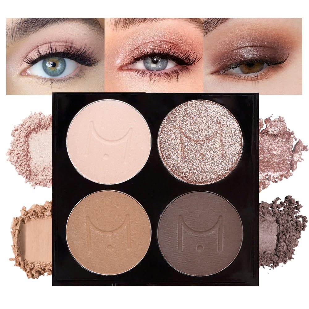 4 Colors Matte & Metallic Shimmer Eyeshadow, Velvety Creamy Formula Eye Makeup, Highly Pigmented, Blendable Nude Champagne Gold,Light&Dark Brown Eyeshadows for Women A Built-In Mirror 01#