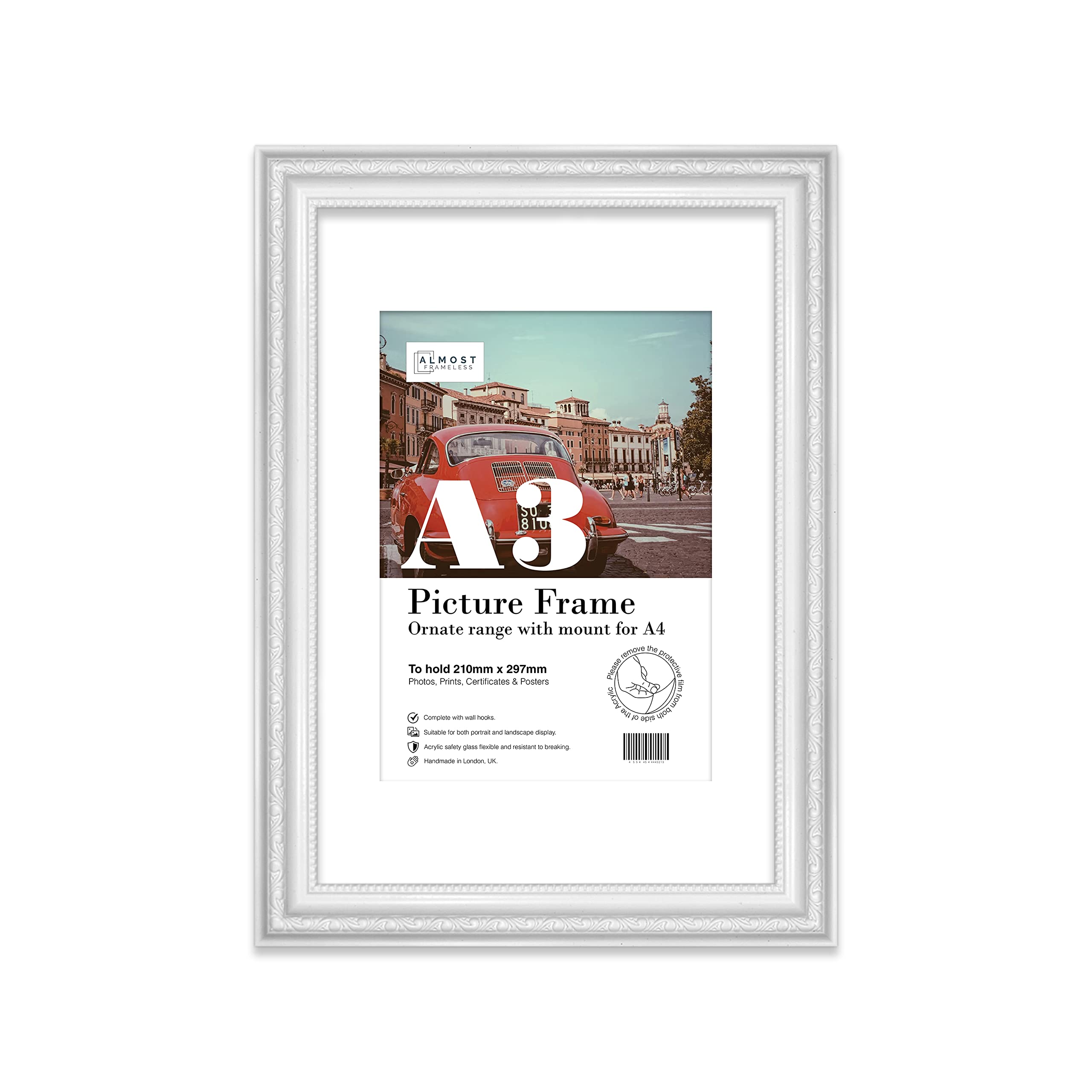 A3 White Ornate Picture Frame (42 X 29.7Cm) With Mount For A4 PosterPhotoArtworkGallery Wall Or Print from B&Q