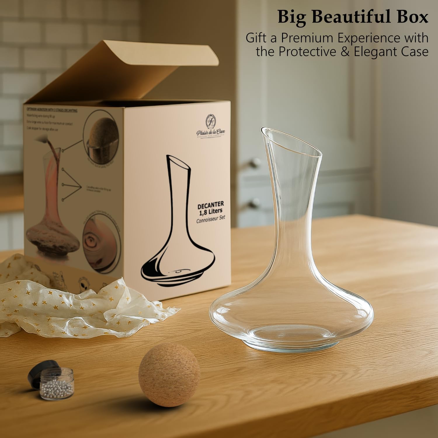 Connoisseur : Wine Decanter & Accessories (Cork Stopper + Cleaning Beads) - 100% Lead-Free Crystal Wine Carafe – Unique Gift Idea