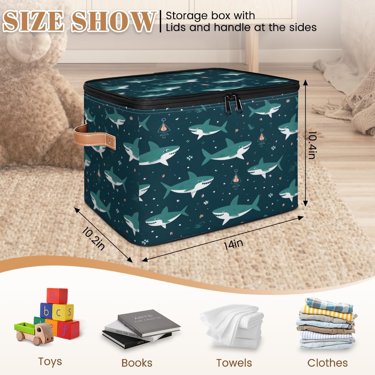 Storage Bin Set of 2 Ocean Sharks Storage Basket with Zipper Lid & Handle Foldable Closet Shelf 2 Pack Cloth Organizer Basket Cube Bins Clothes Organizer for Bedroom, Nursery